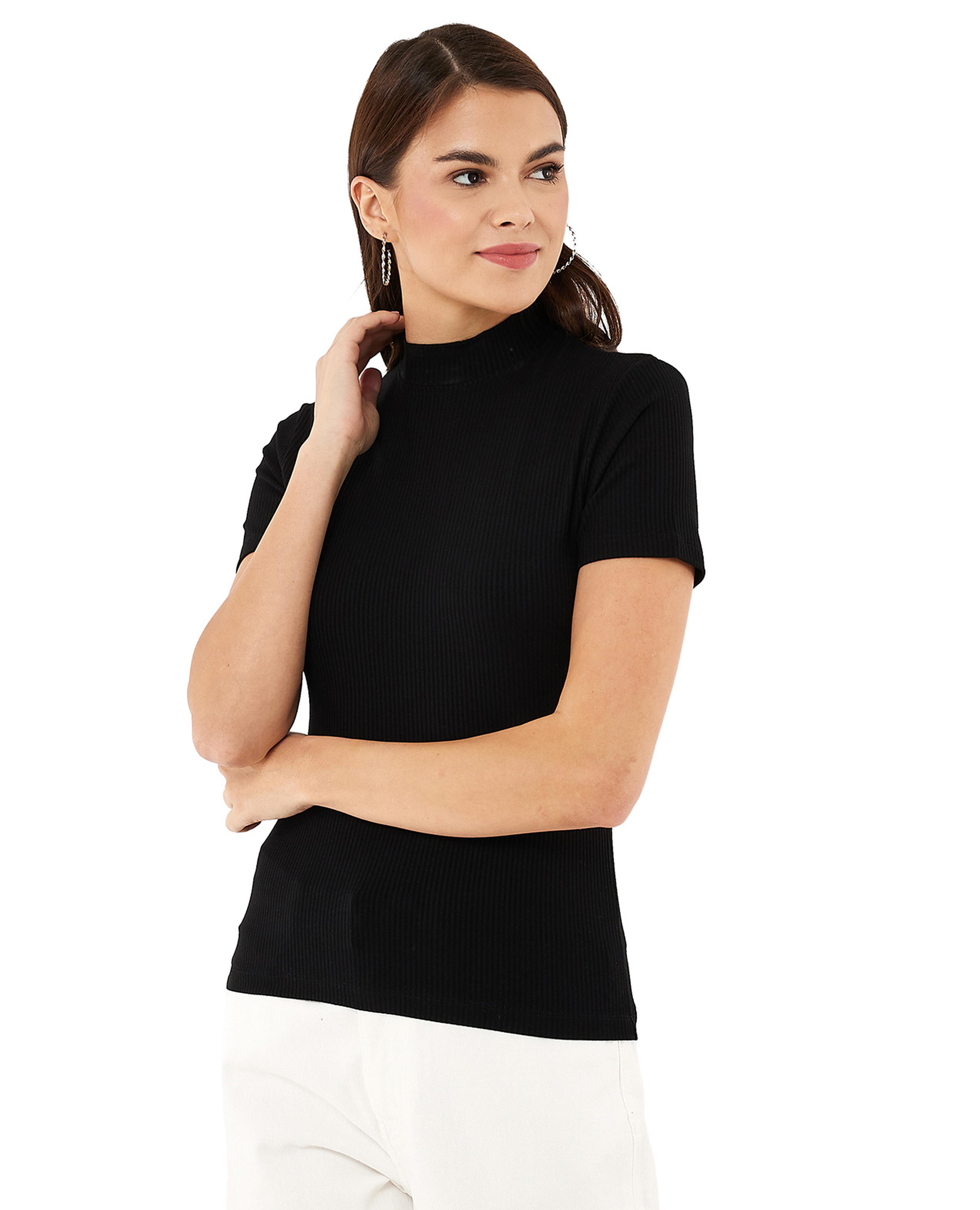 Ribbed Top with Mock Neck and Short Sleeves