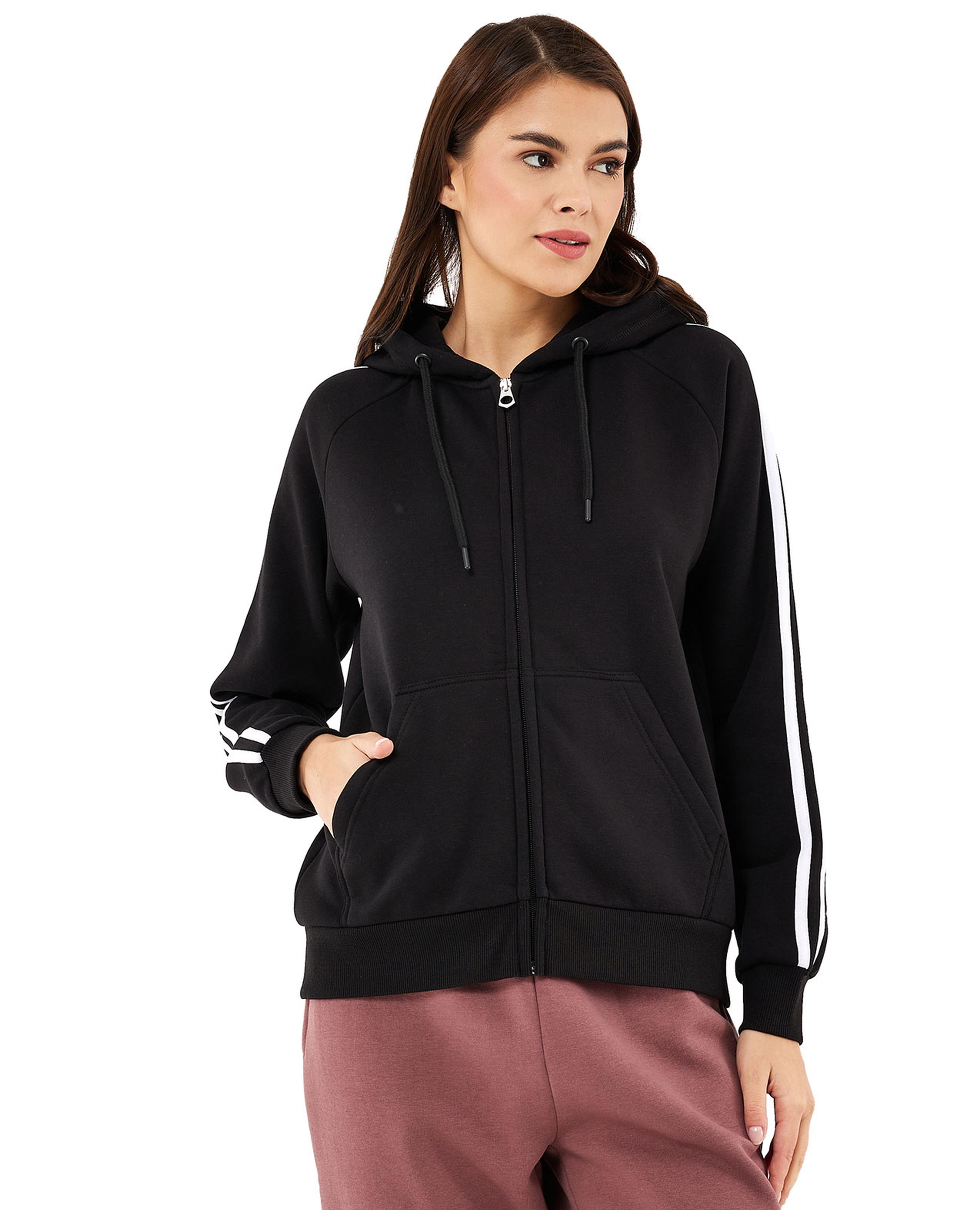 Stripe Detail Hooded Jacket with Zipper Closure