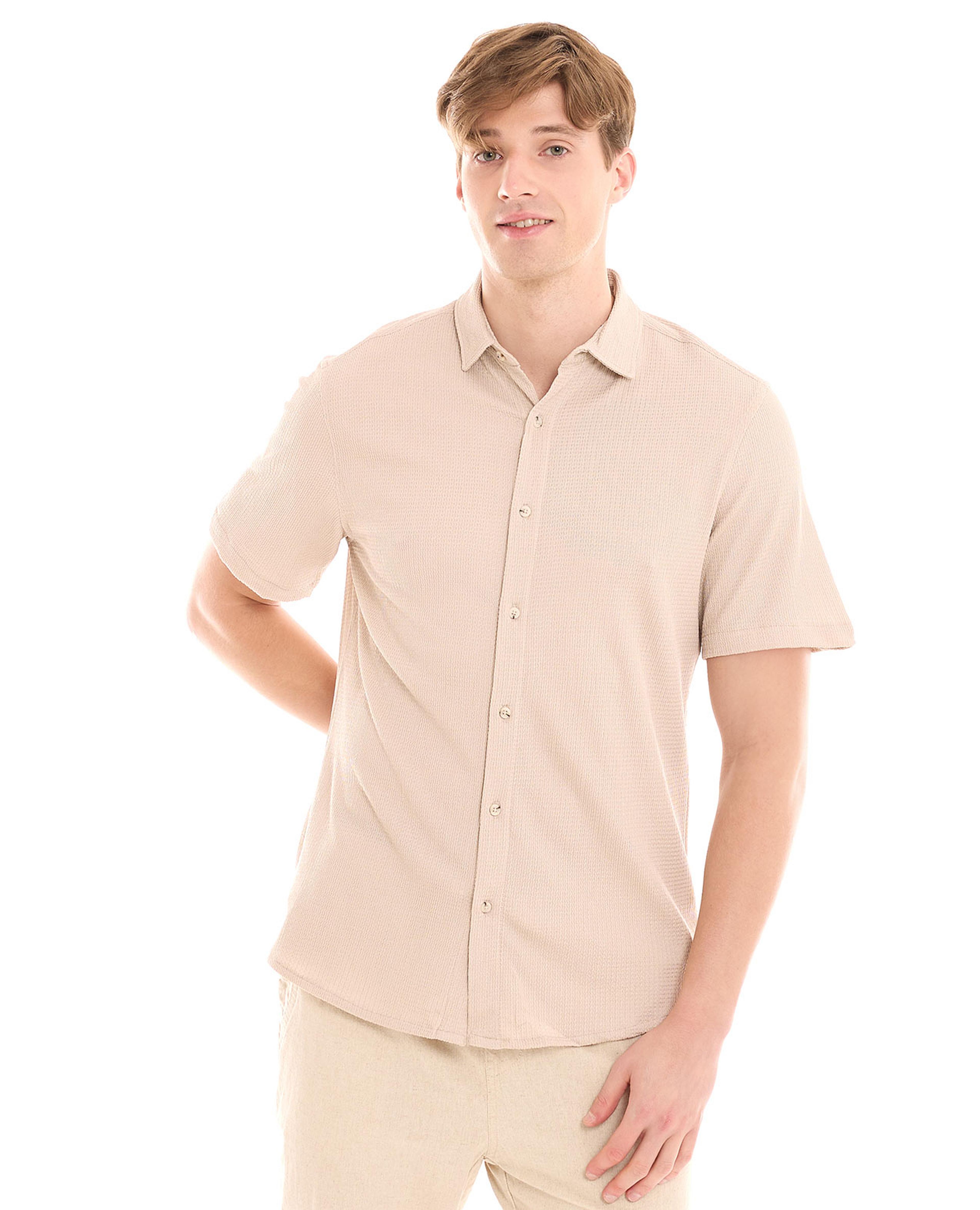 Textured Shirt with Classic Collar and Short Sleeves