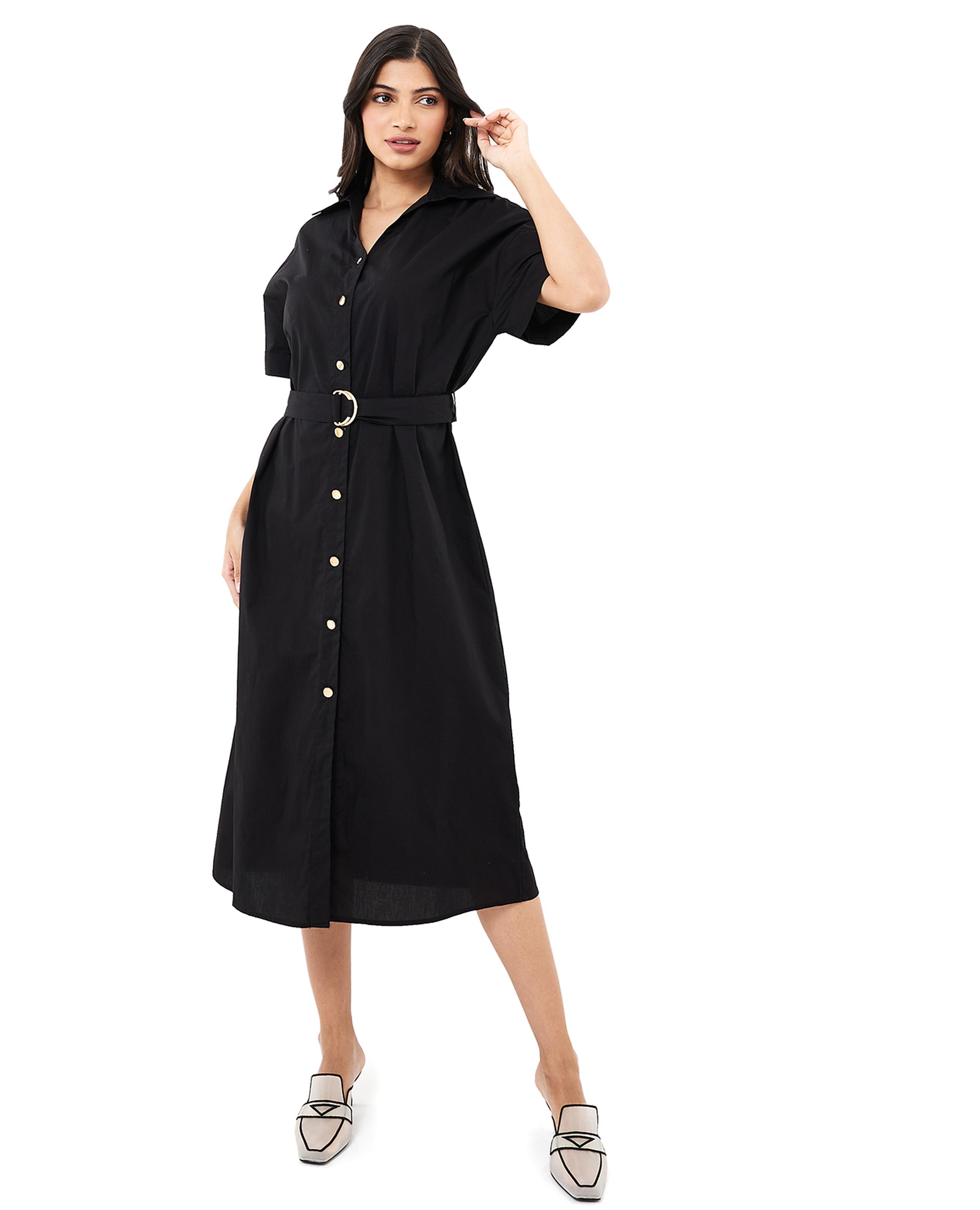 فستان قميص بأكمام قصيرة بحزام