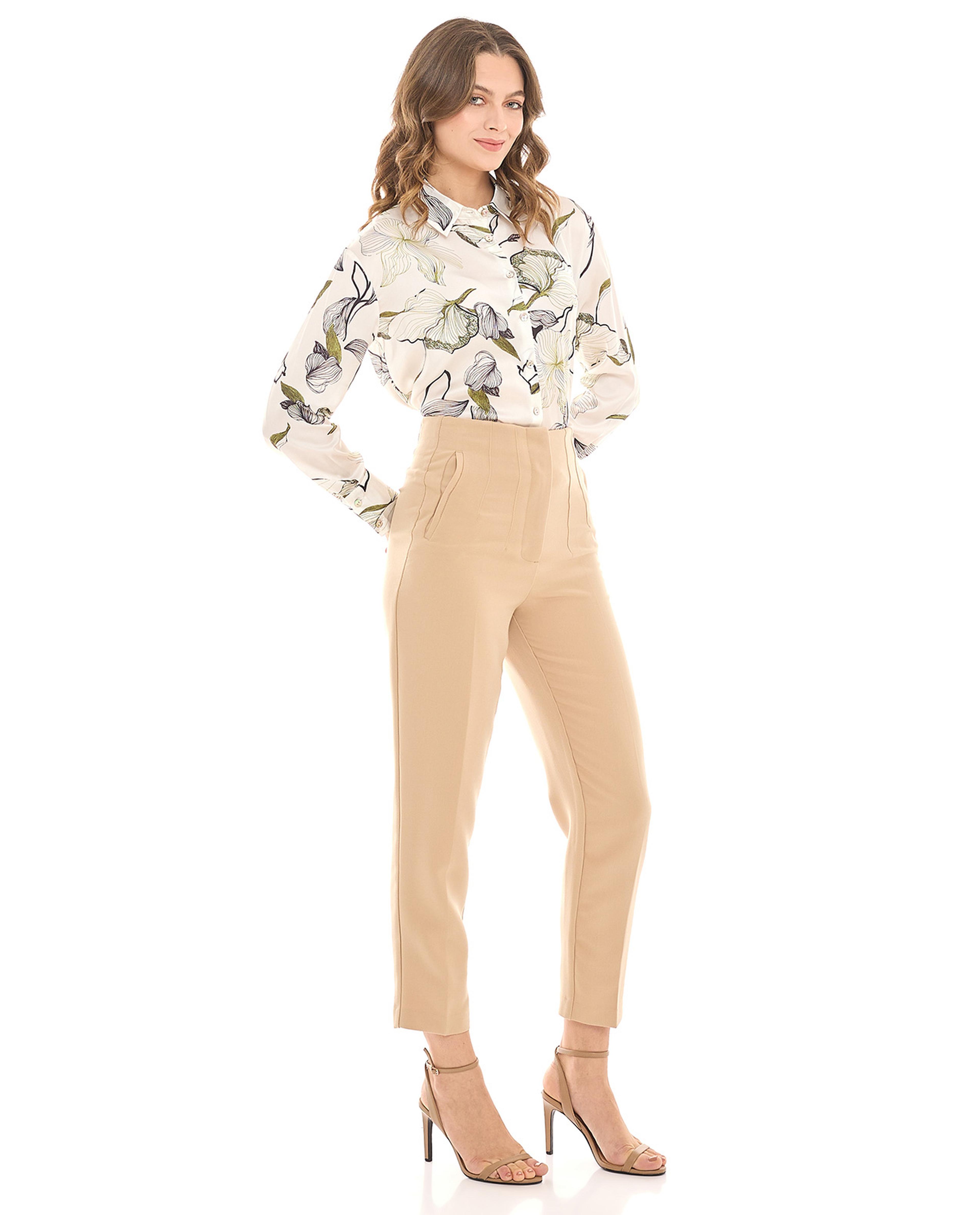 Solid Slim Fit Pants with Button Closure