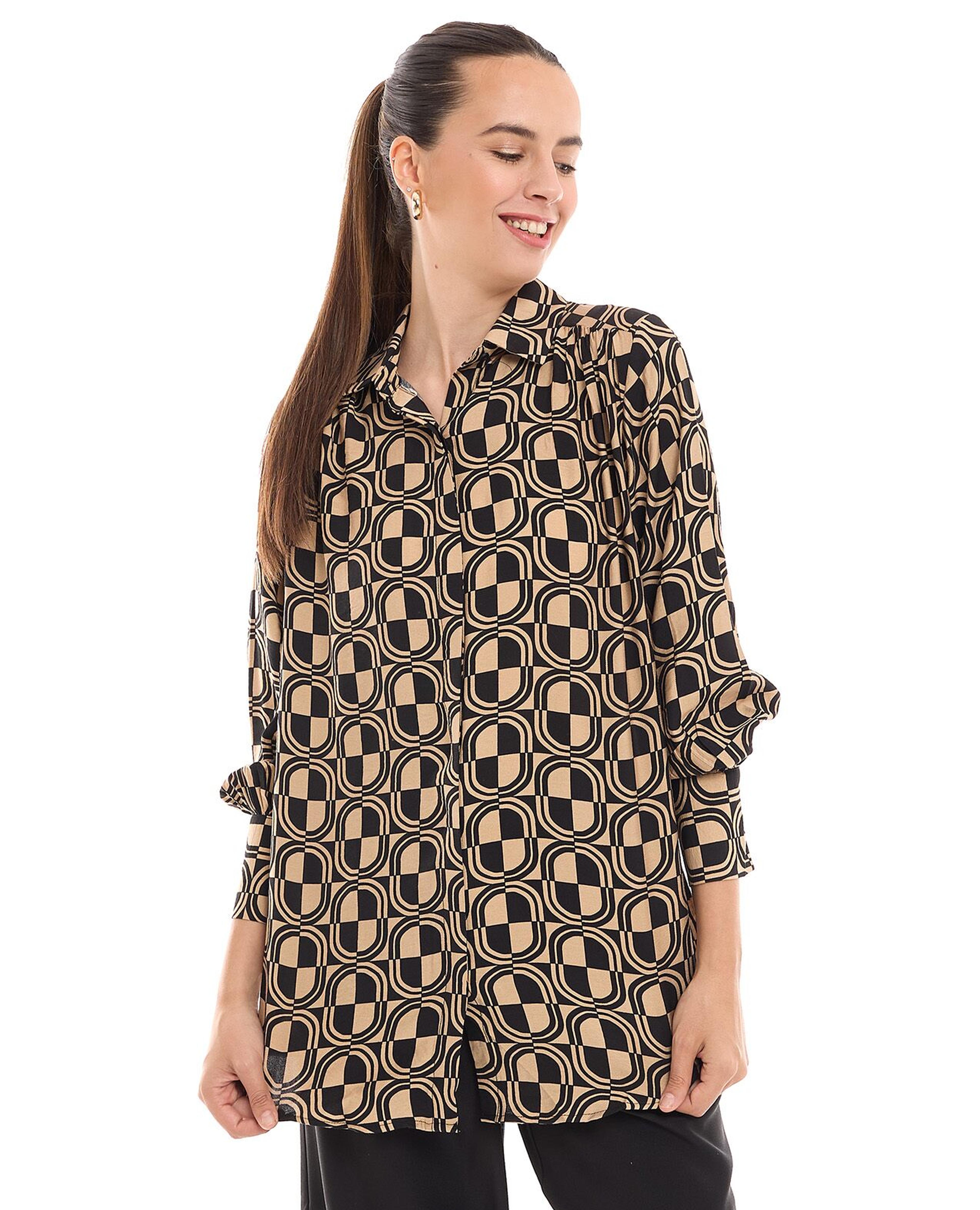 تونيك تصميم قميص منقوش بأكمام طويلة