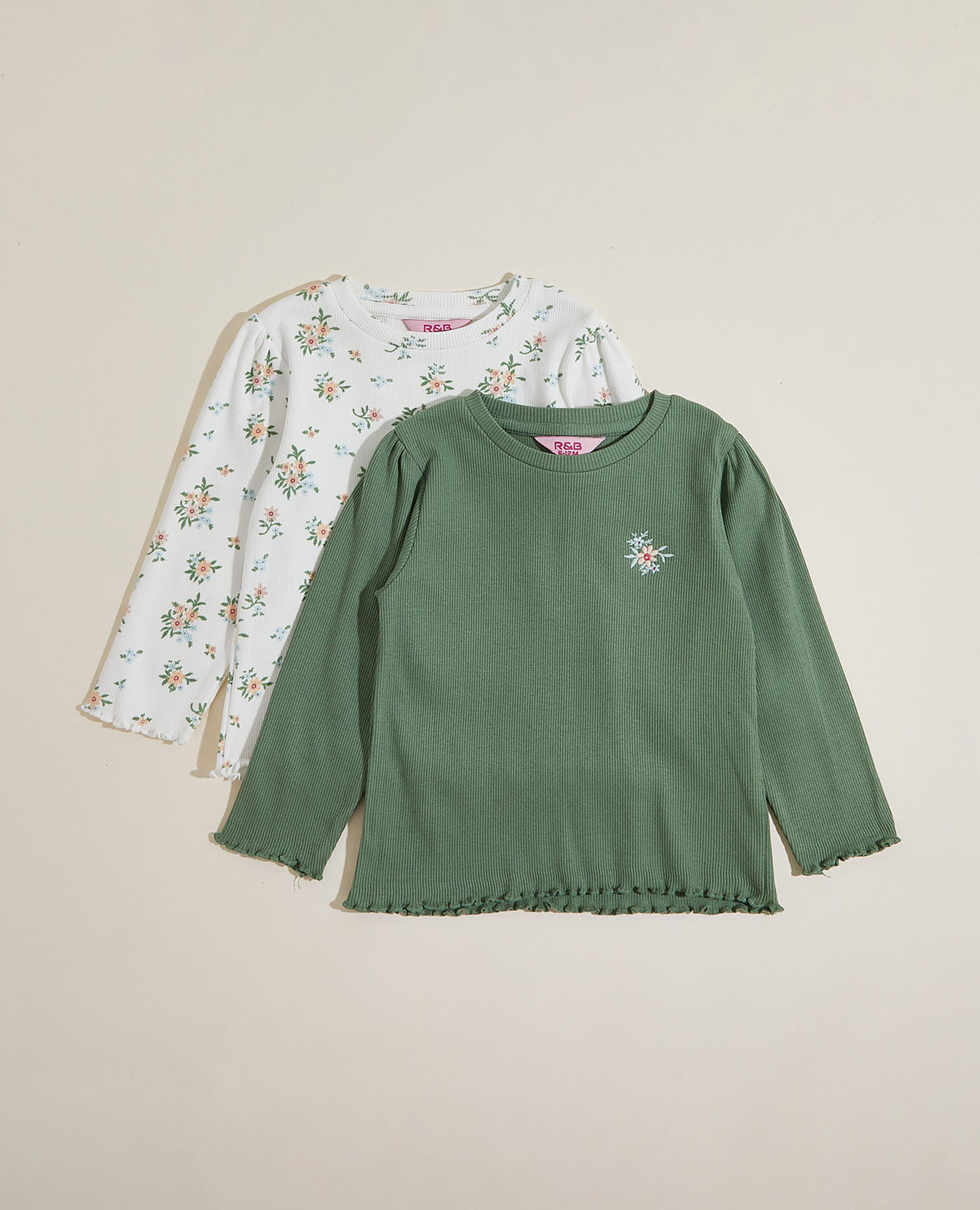 طقم تيشيرت منقوش بياقة دائرية وأكمام طويلة - قطعتين