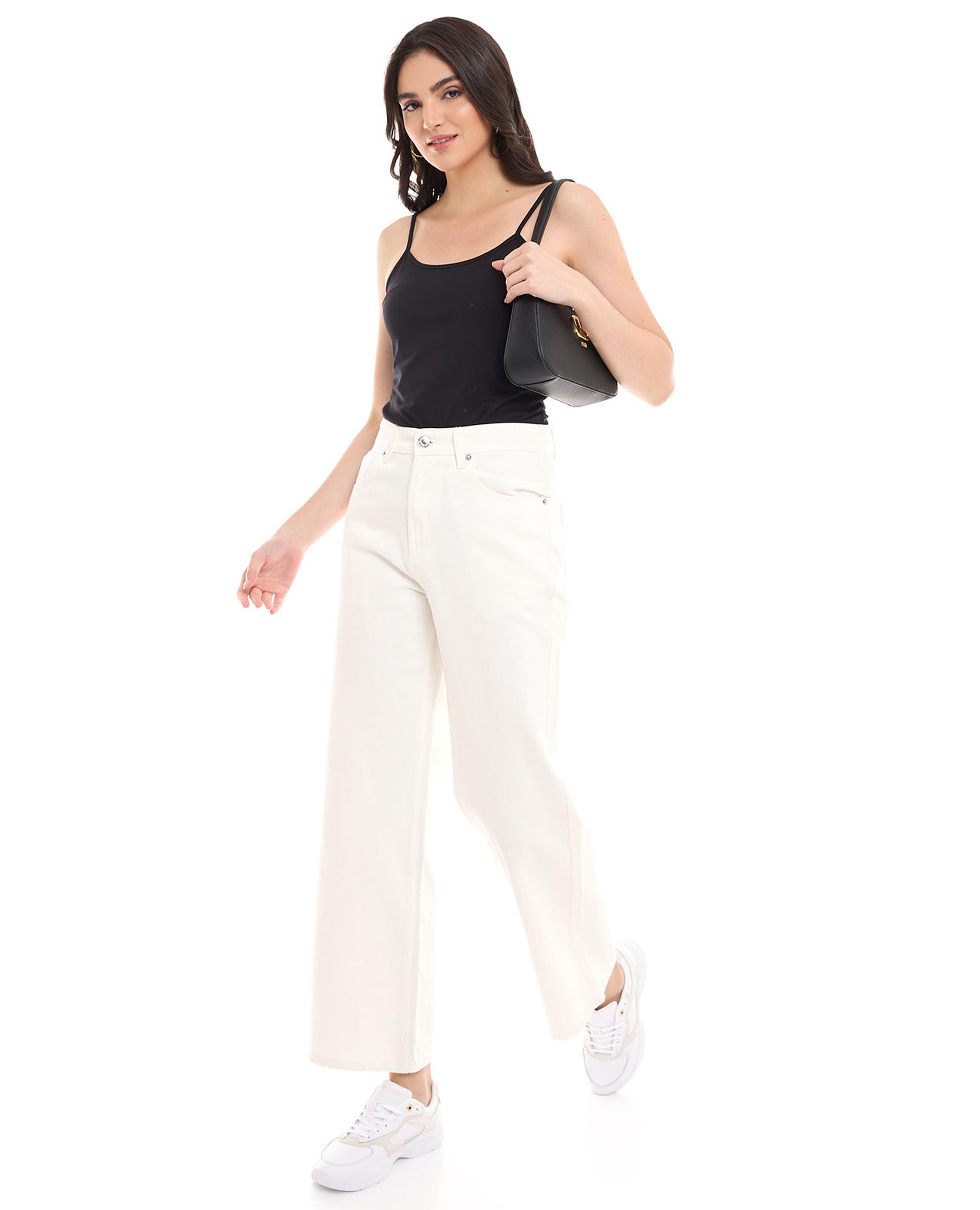 Solid Wide Leg Jeans with Button Closure