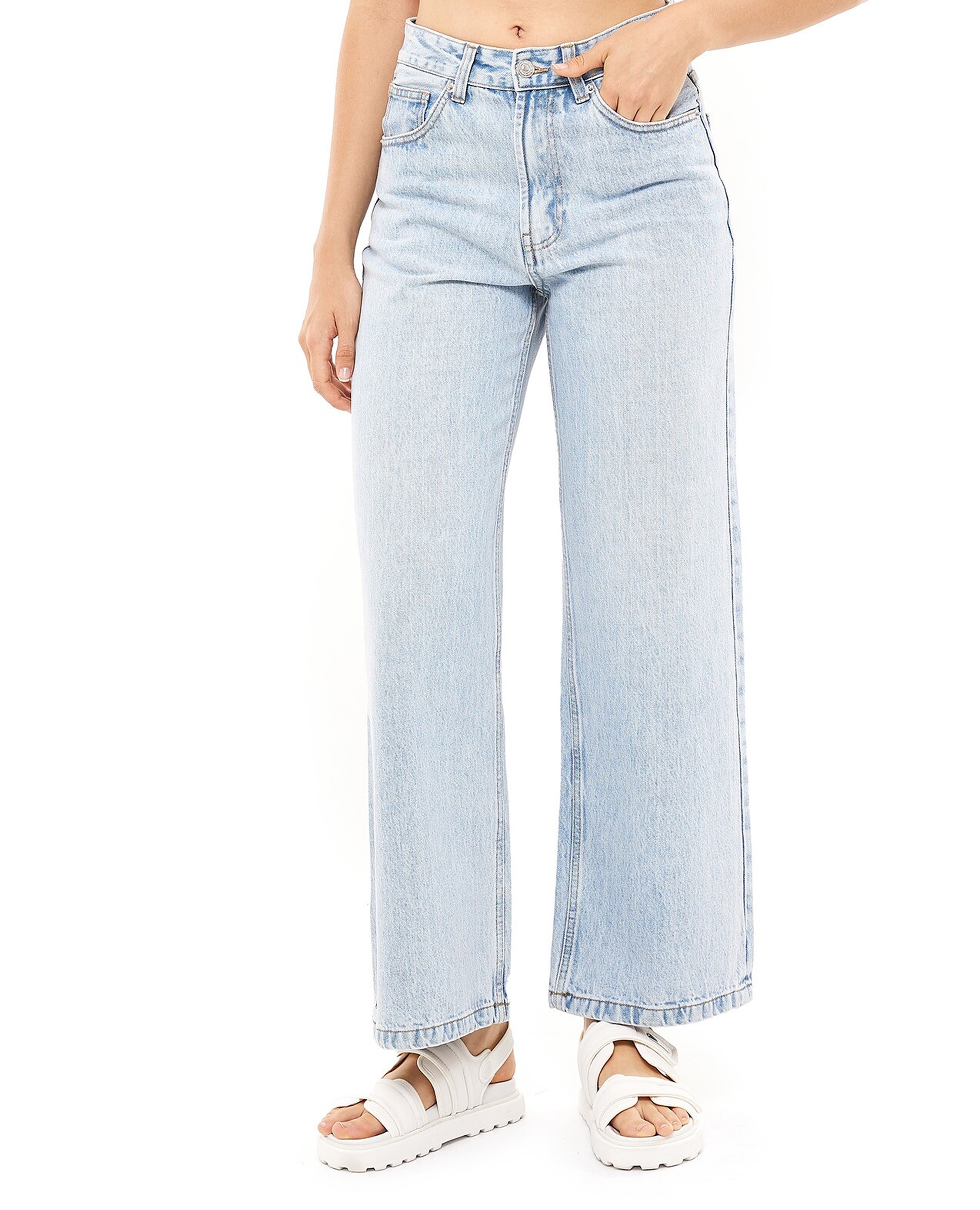 Faded Wide Leg Jeans with Button Closure