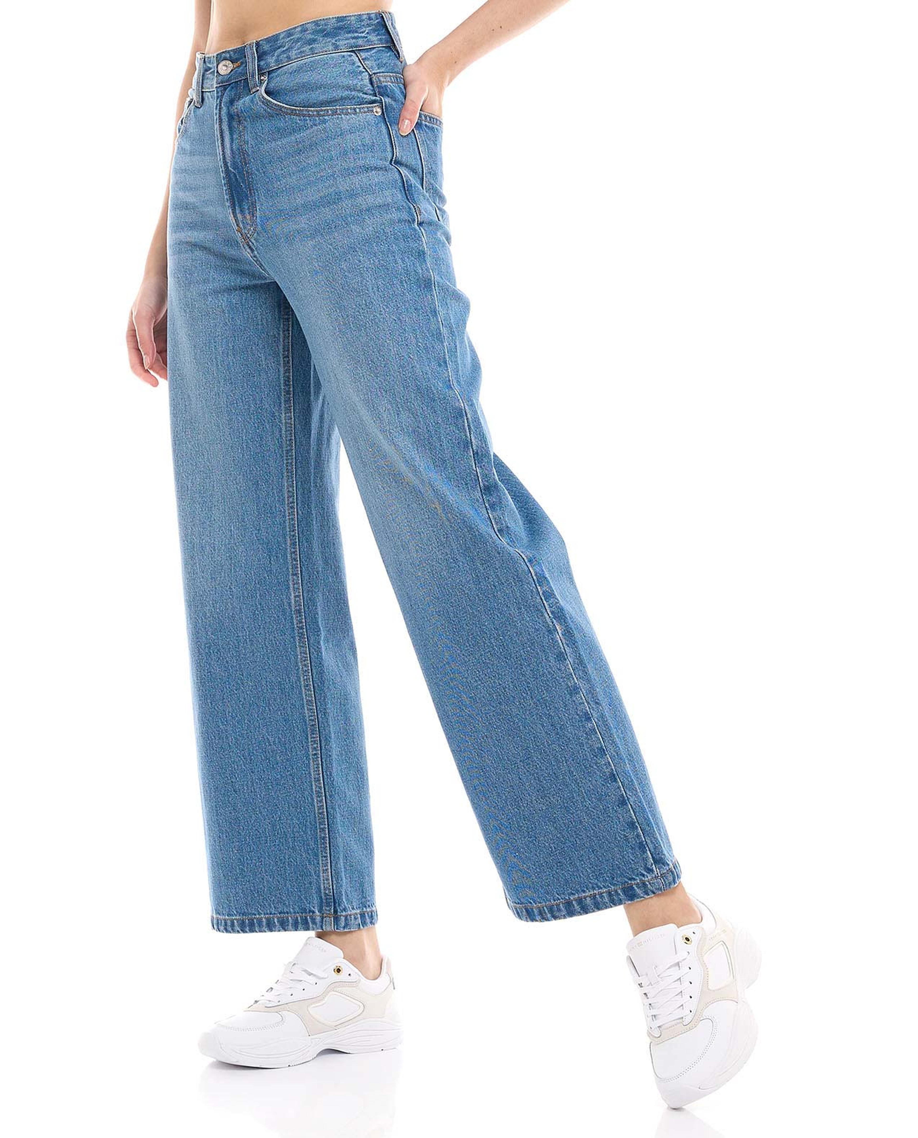 Faded Wide Leg Jeans with Button Closure