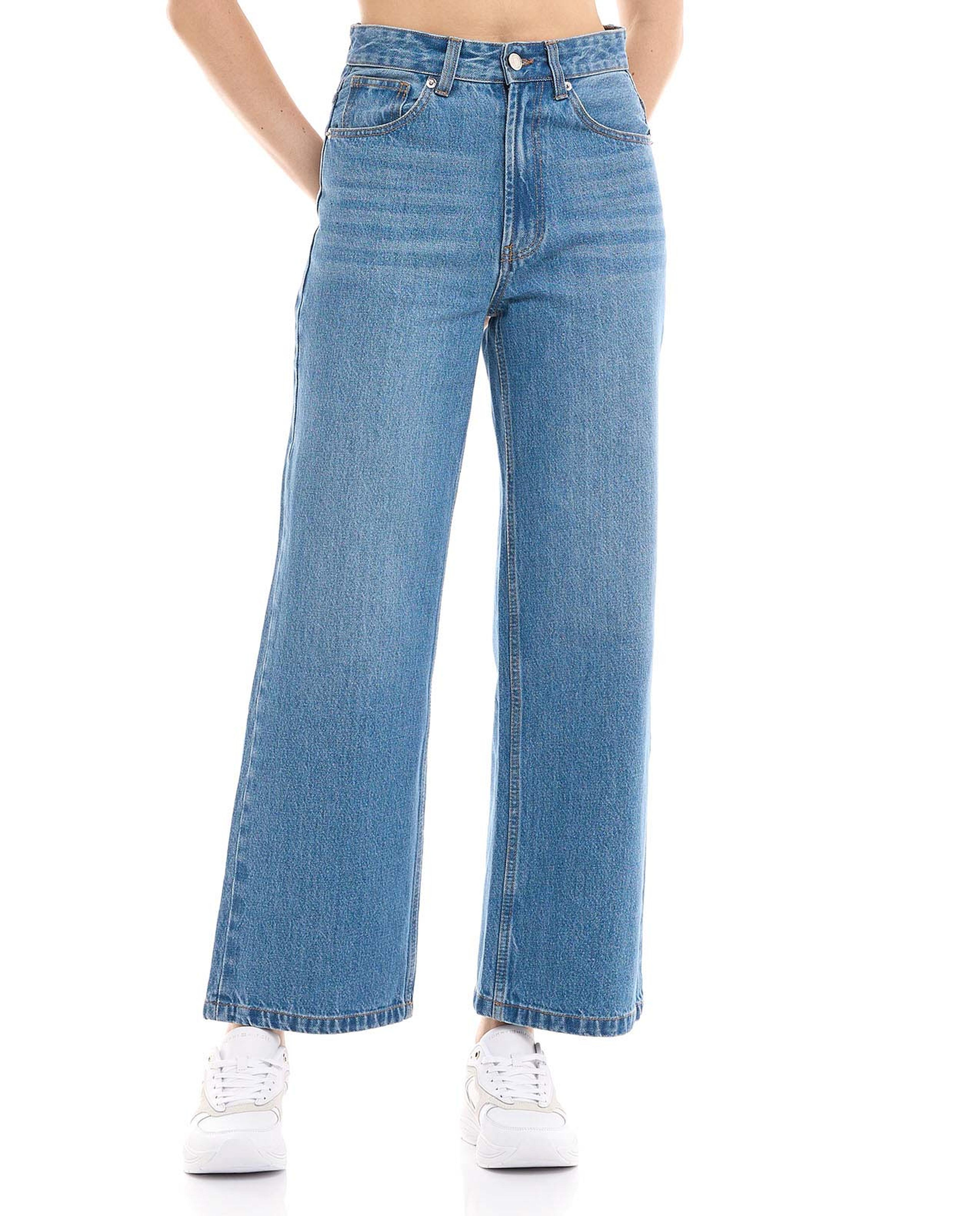 Faded Wide Leg Jeans with Button Closure