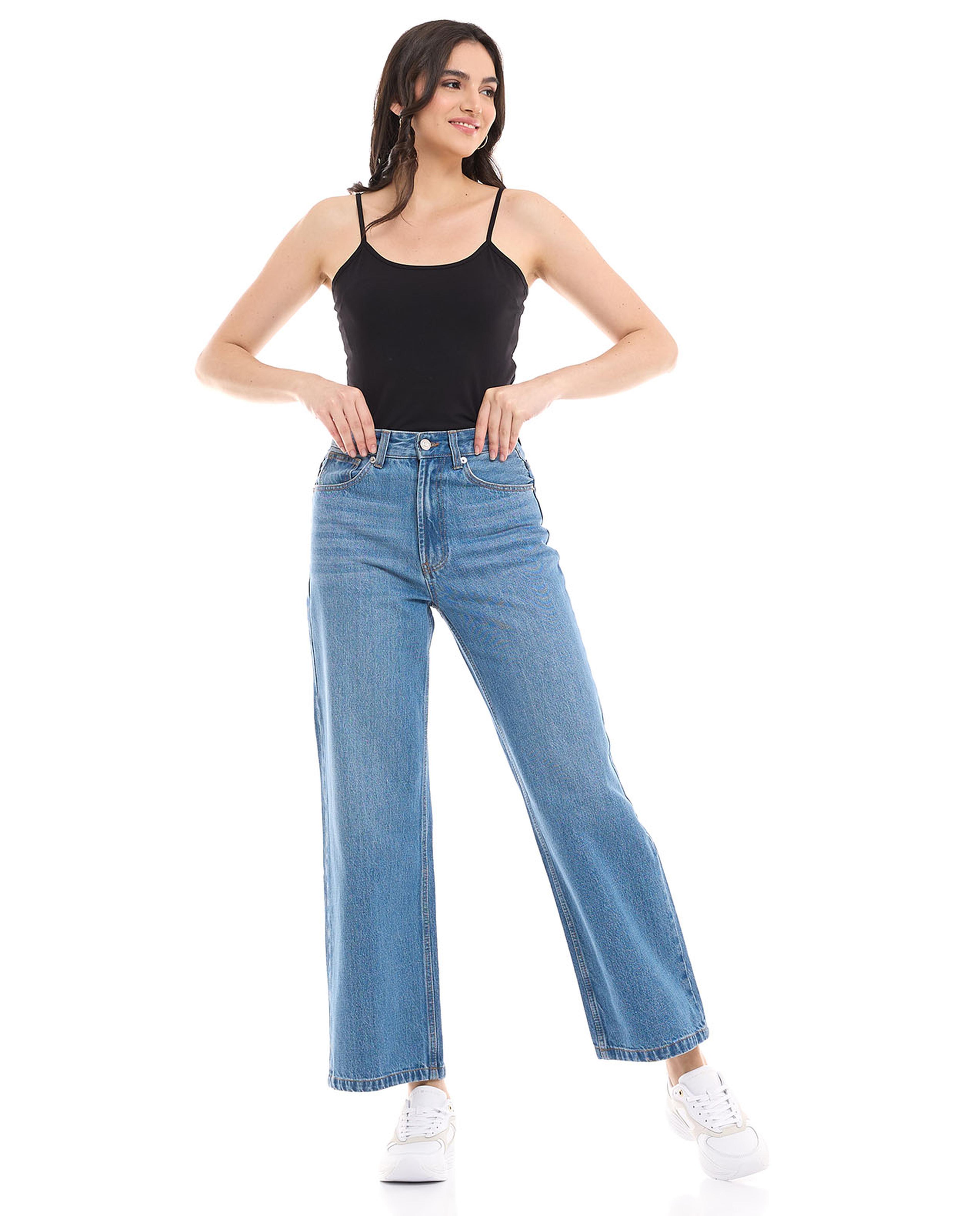 Faded Wide Leg Jeans with Button Closure