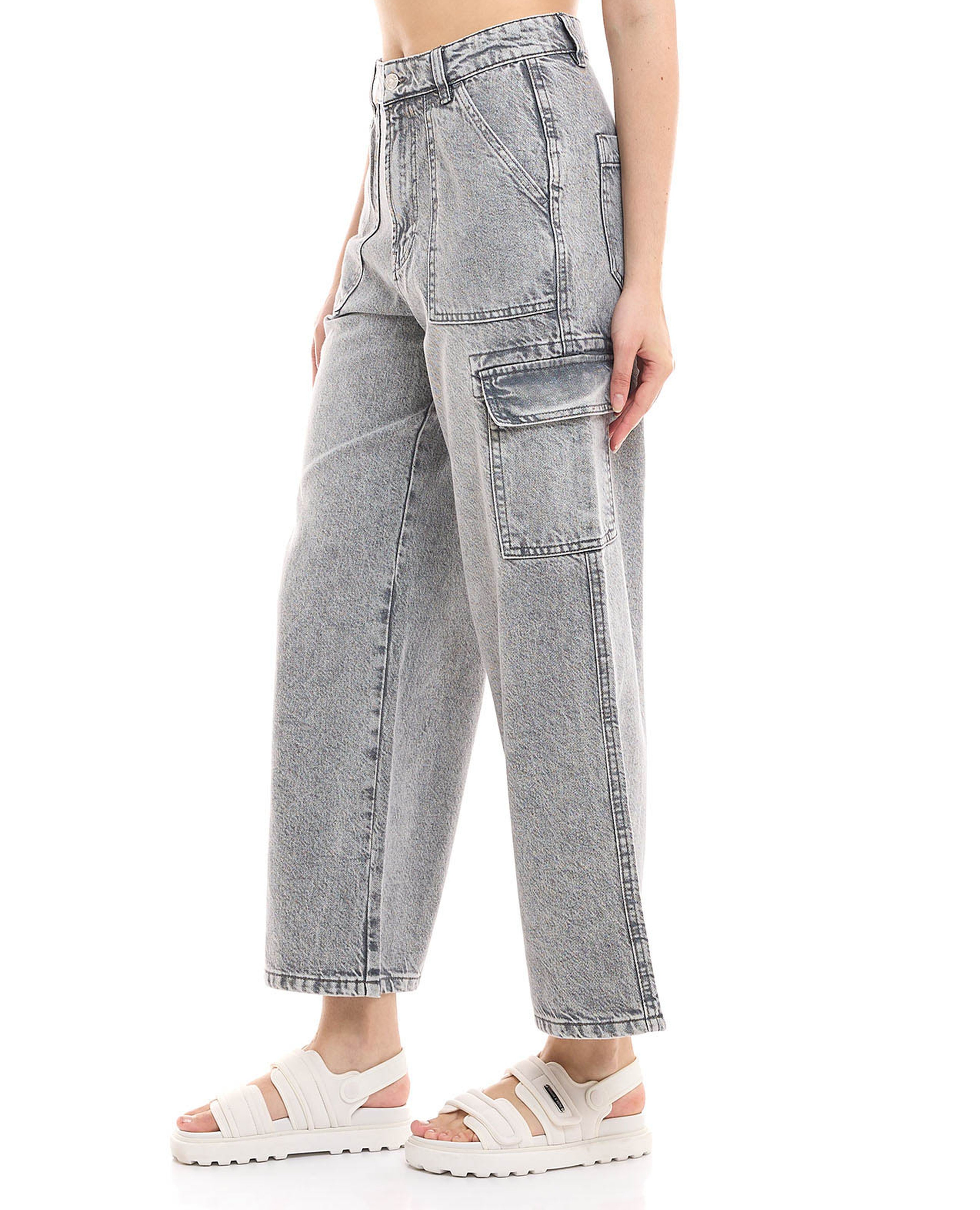 Faded Cargo Wide Leg Jeans with Button Closure