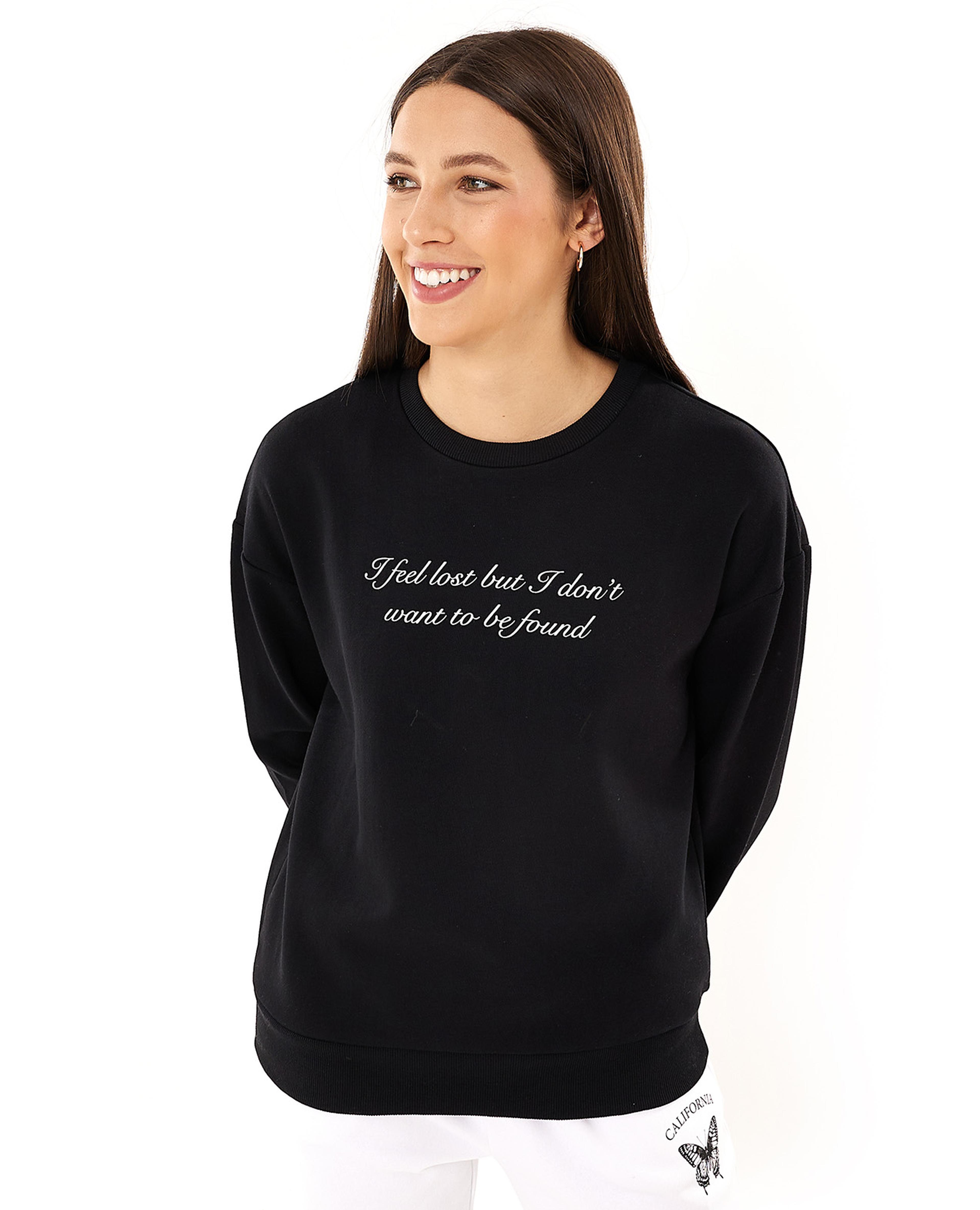 Typography Print Sweatshirt with Crew Neck and Long Sleeves