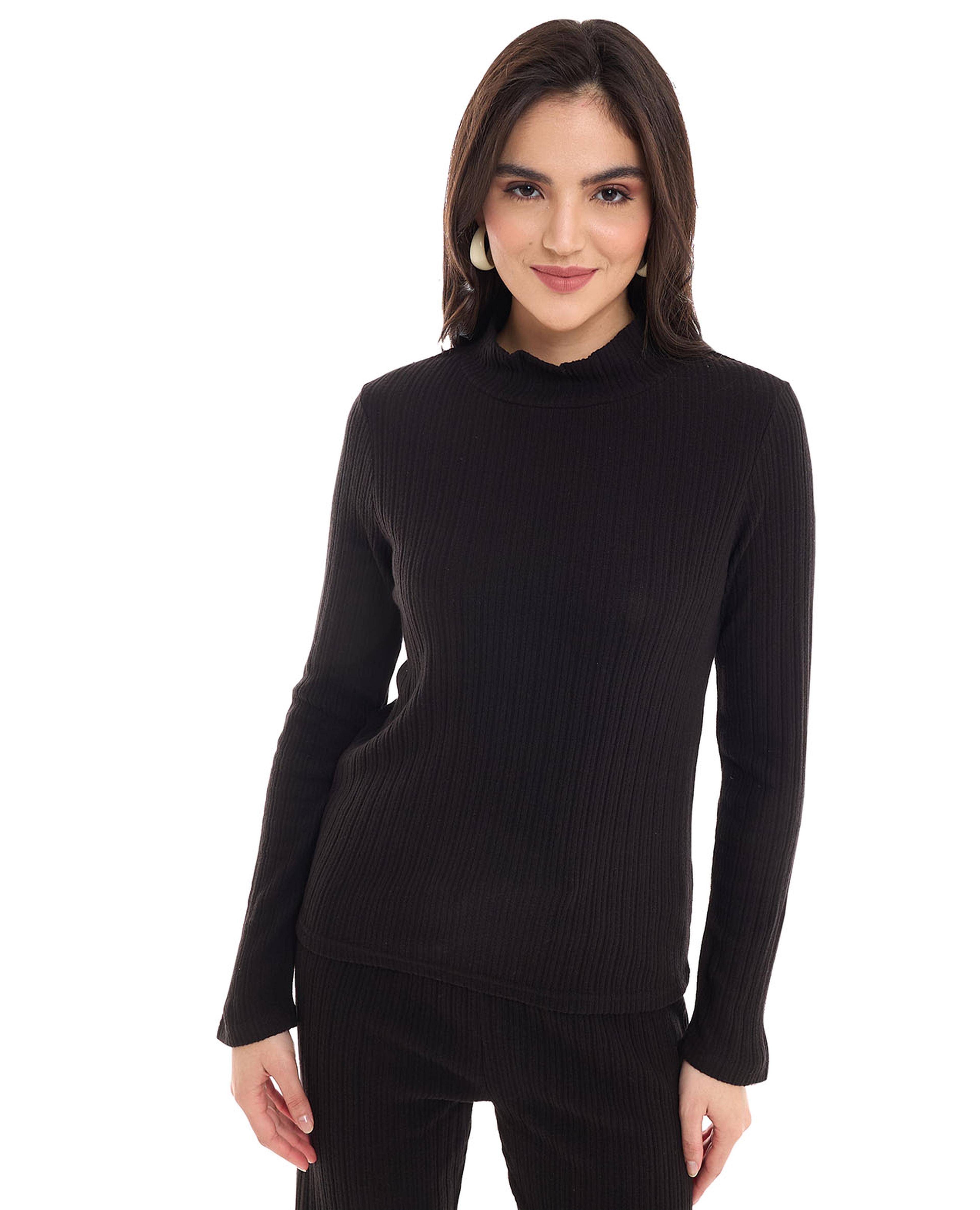 Ribbed Sweater with Mock Neck and Long Sleeves
