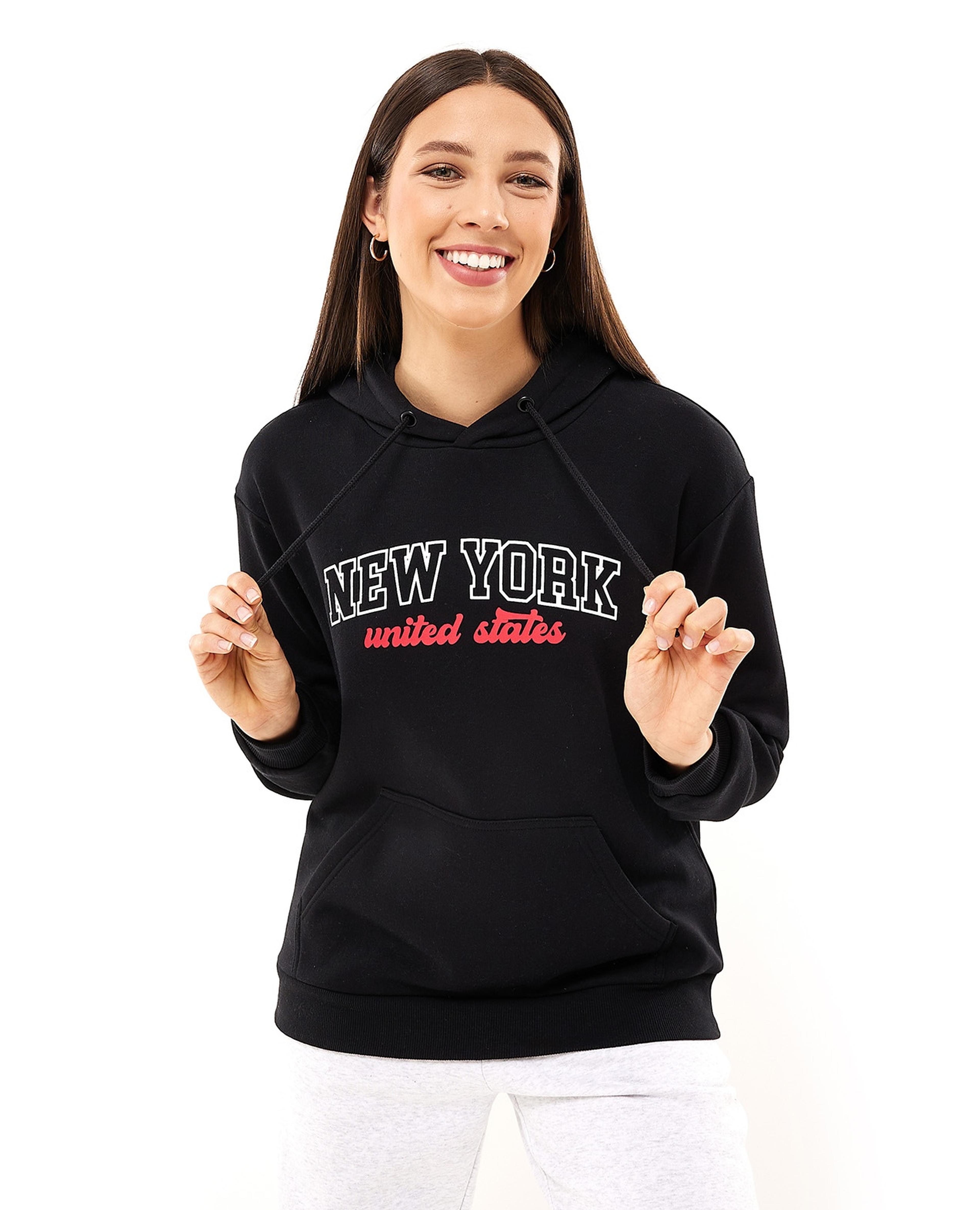 Typography Print Hoodie with Long Sleeves