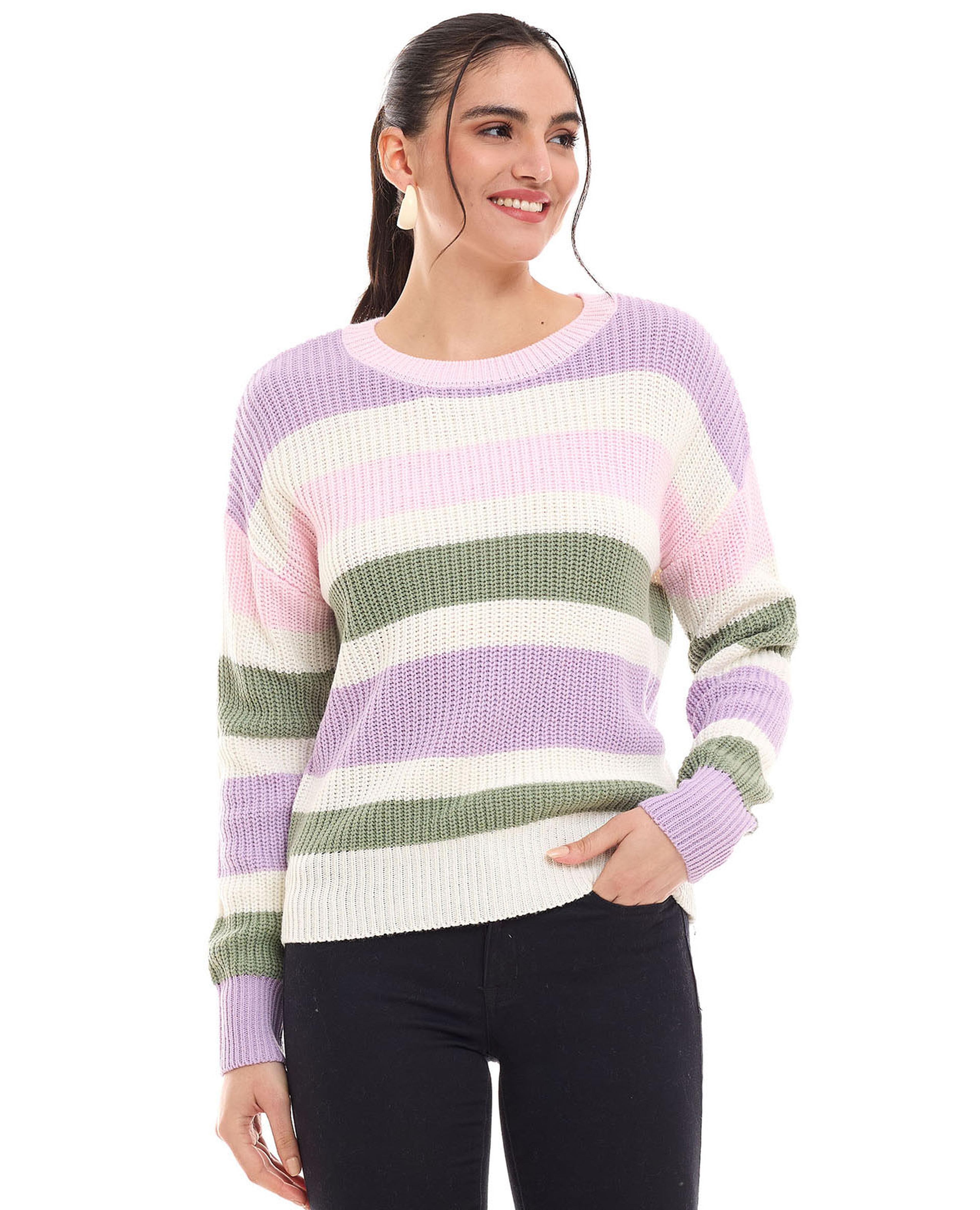Striped Sweater with Crew Neck and Long Sleeves
