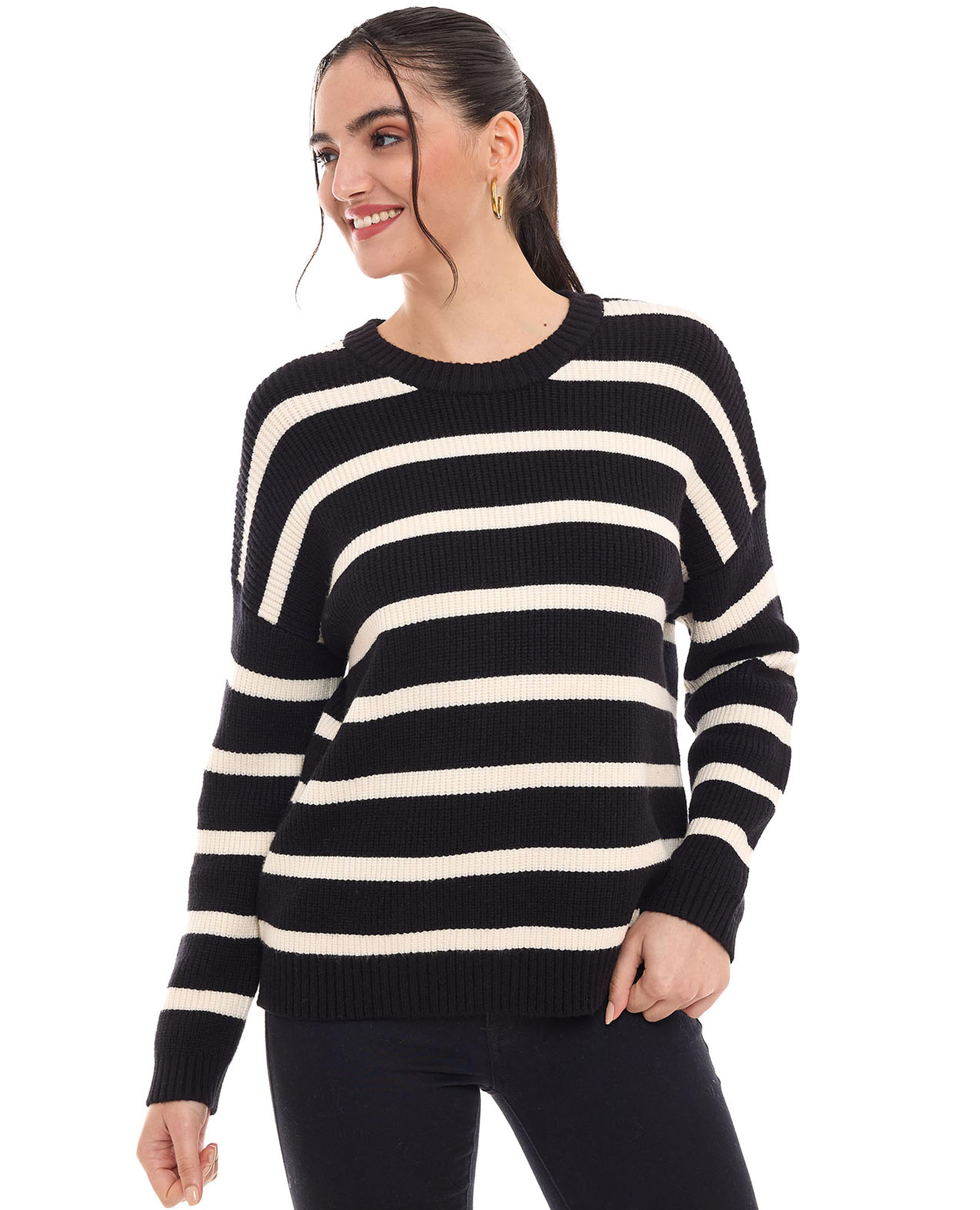 Striped Sweater with Crew Neck and Long Sleeves