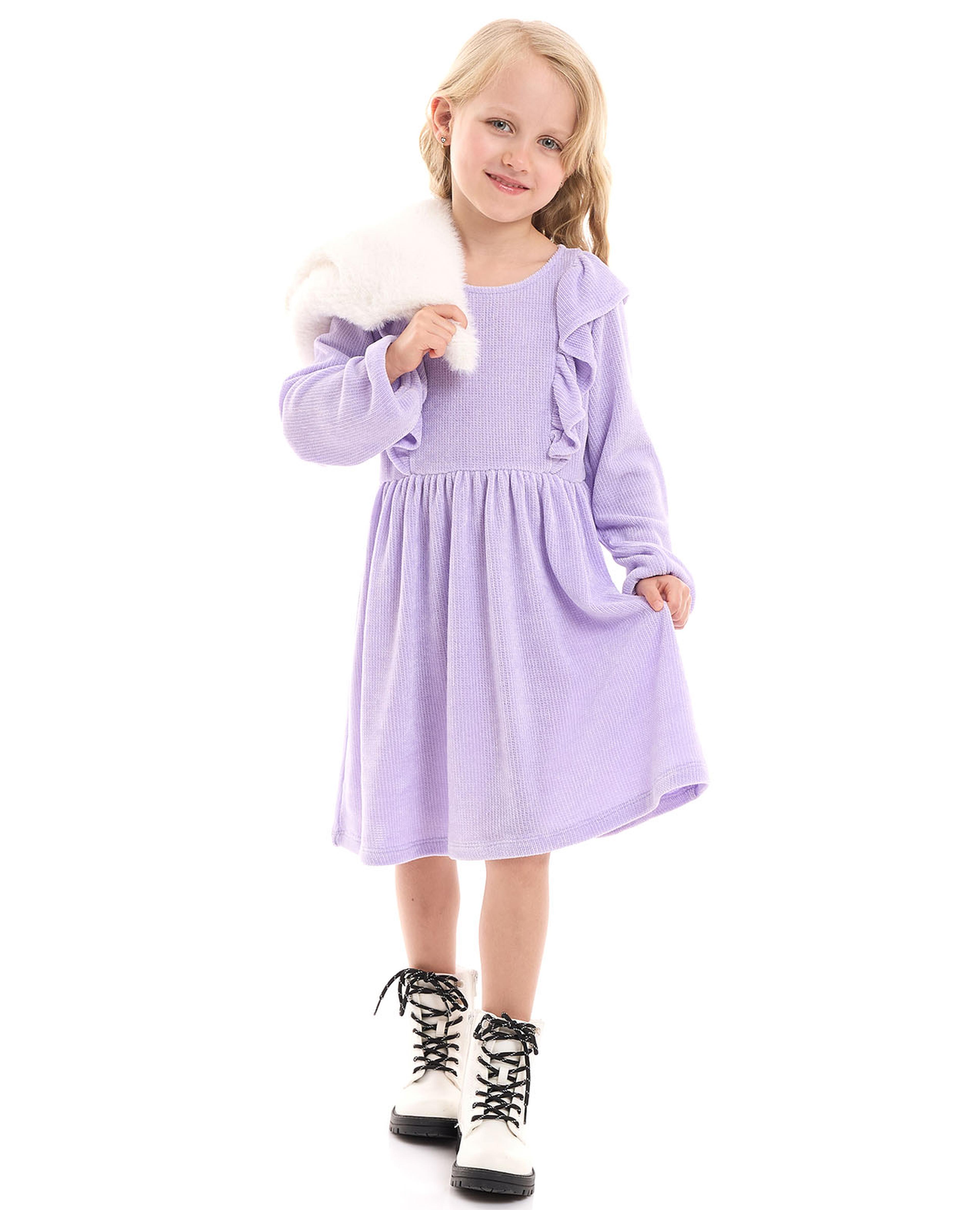 Ribbed Fit and Flare Dress with Crew Neck and Long Sleeves