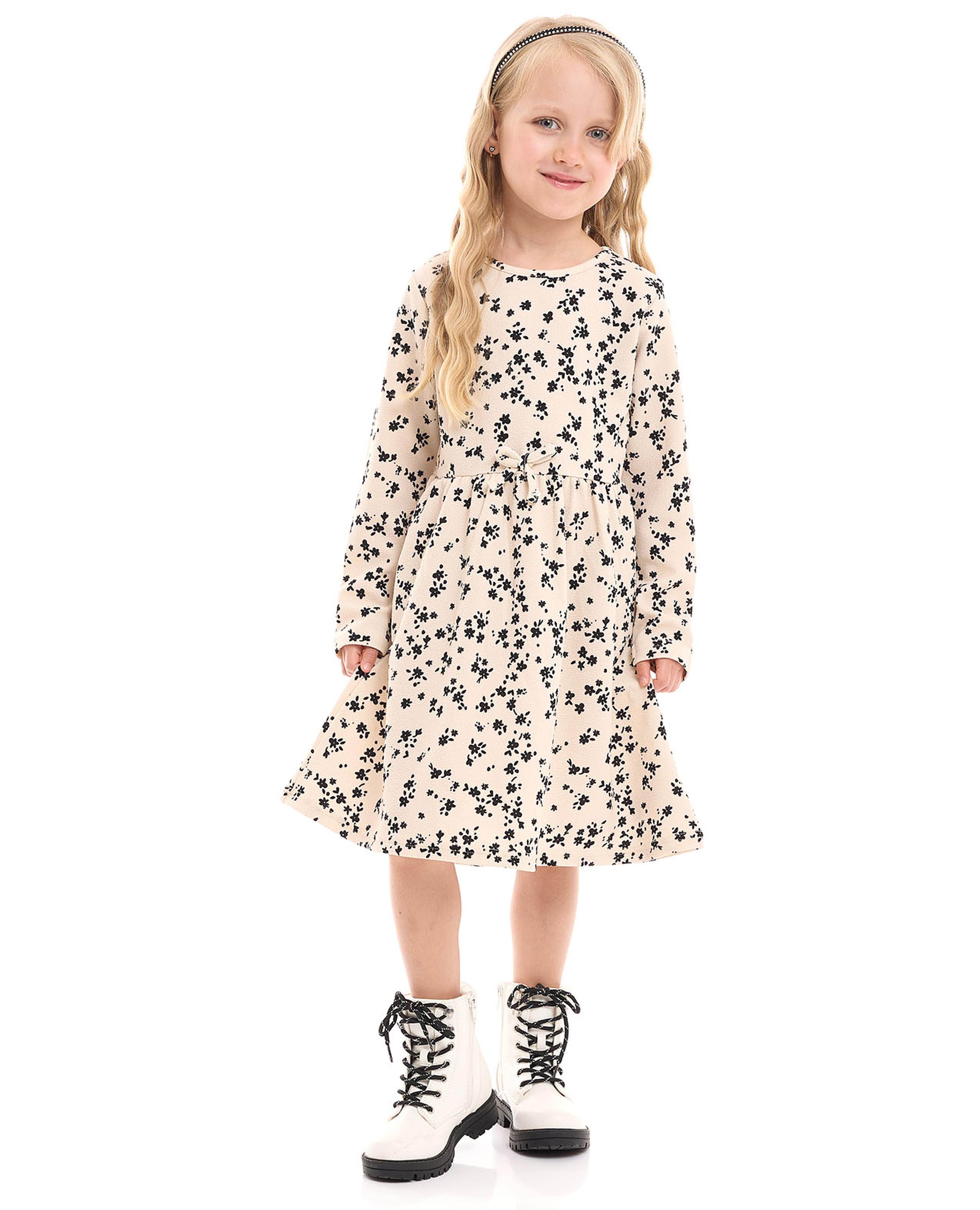 Printed Fit and Flare Dress with Crew Neck and Long Sleeves