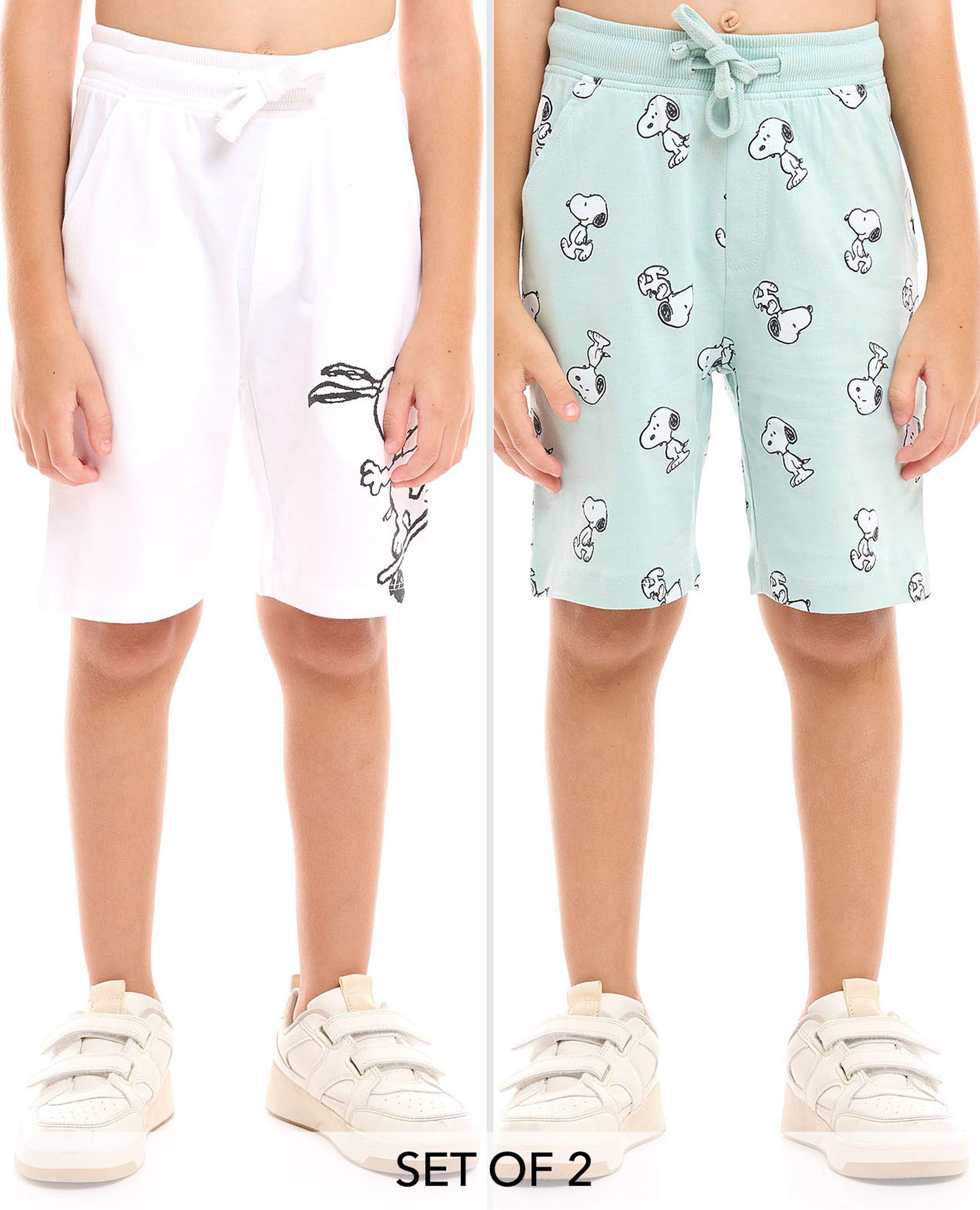 2 Pack Snoopy Print Shorts with Drawstring Waist