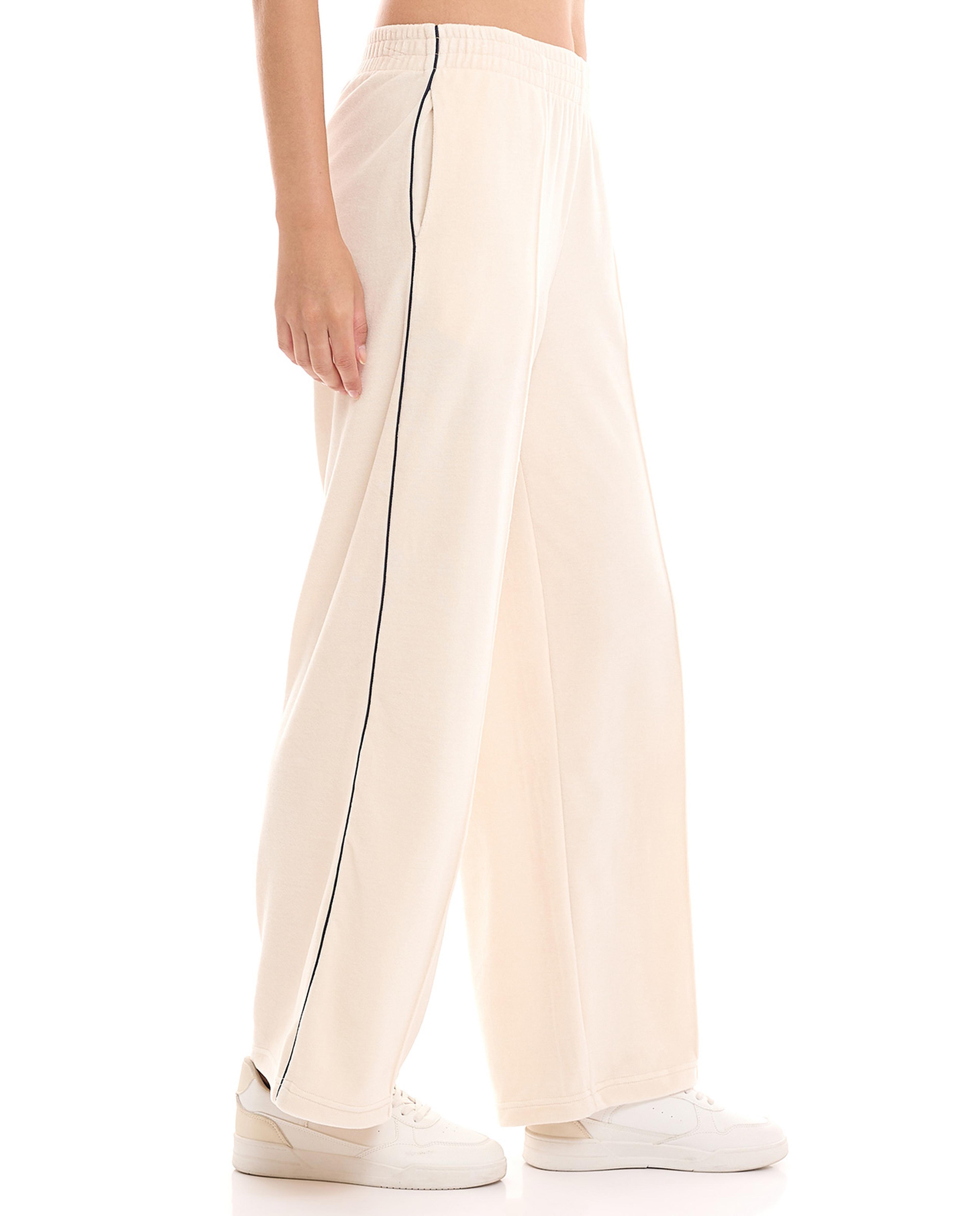 Contrast Trim Straight Fit Pants with Elastic Waist