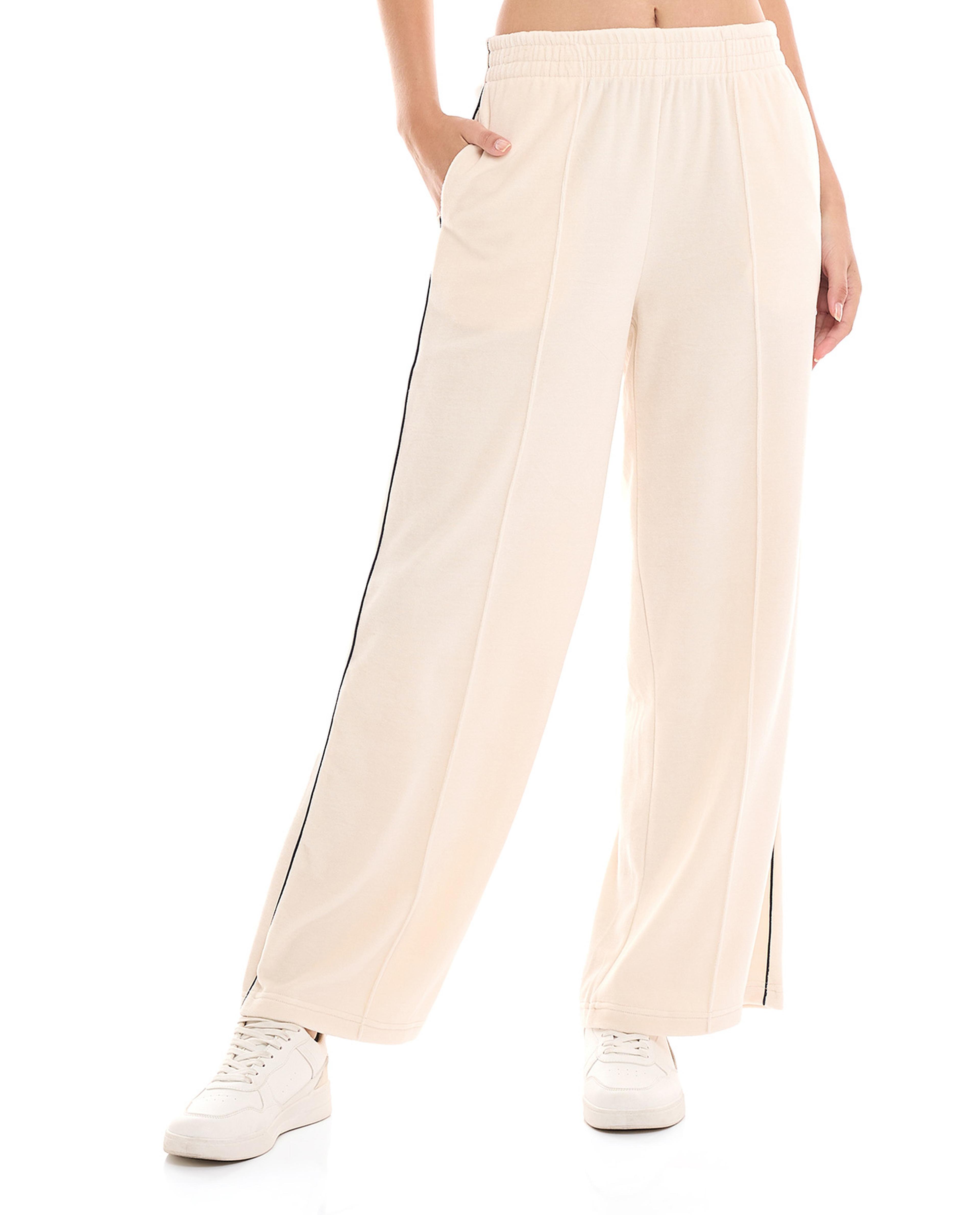 Contrast Trim Straight Fit Pants with Elastic Waist