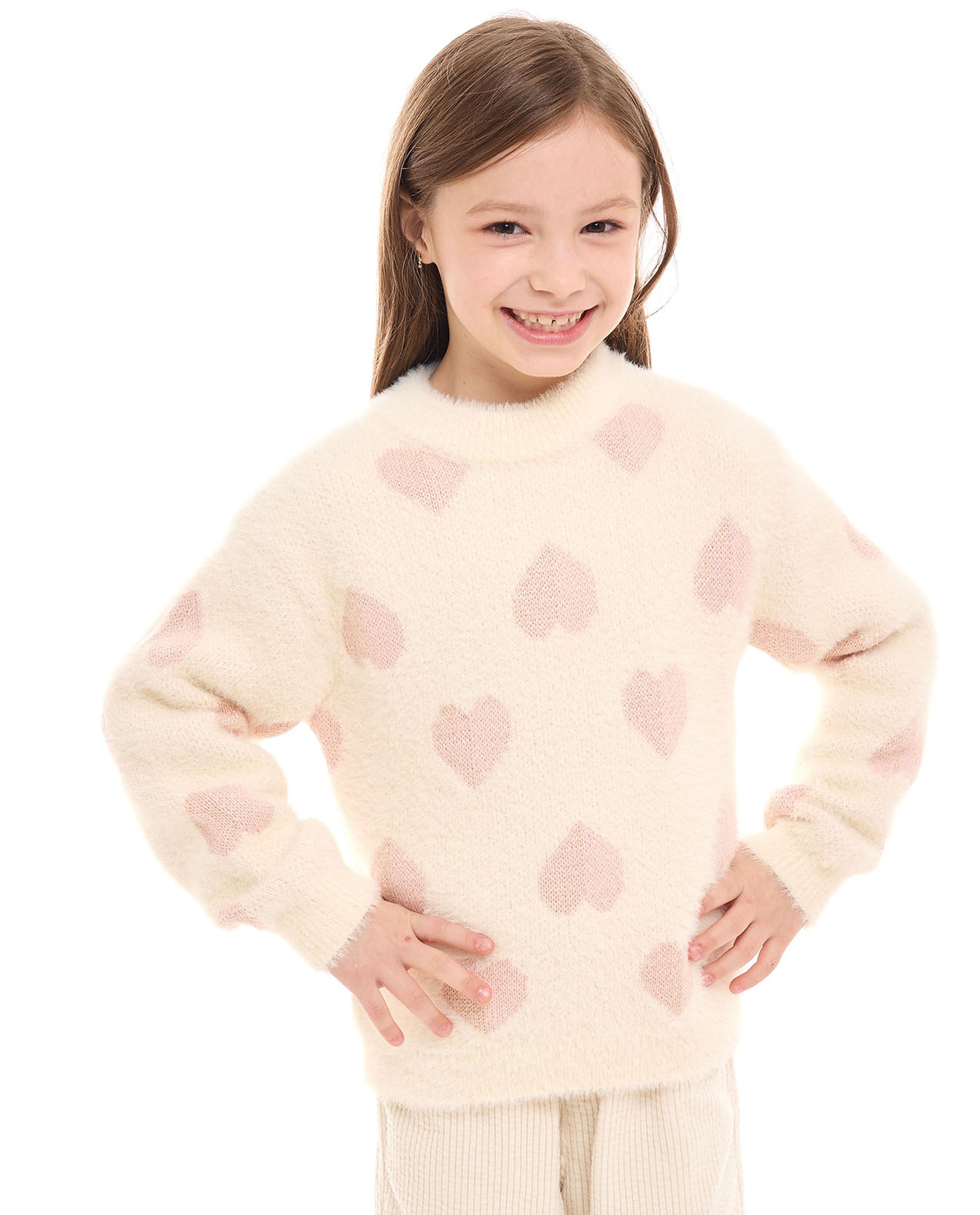 Heart Patterned Sweater with Mock Neck and Long Sleeves