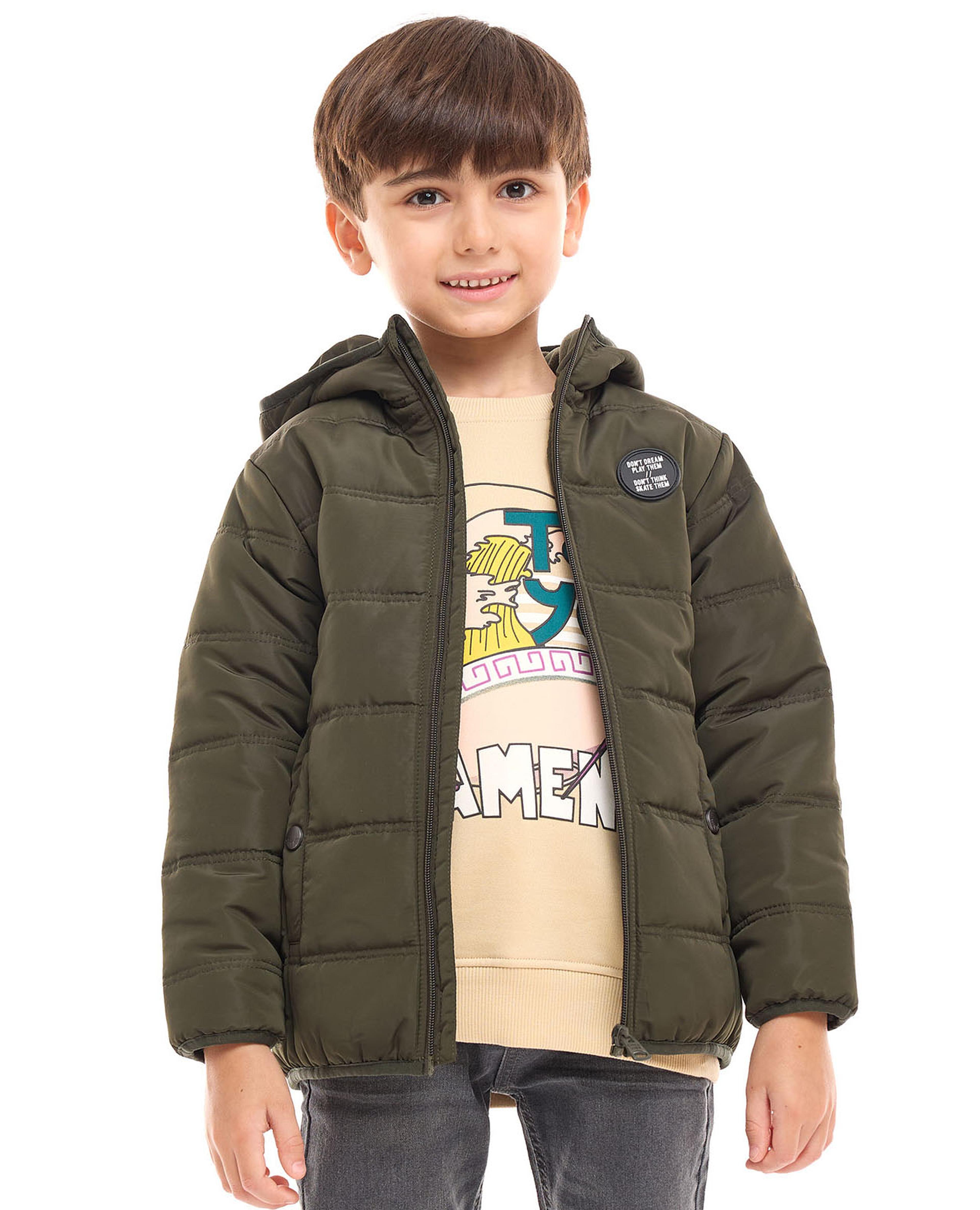 Zippered Hooded Puffer Jacket with Long Sleeves