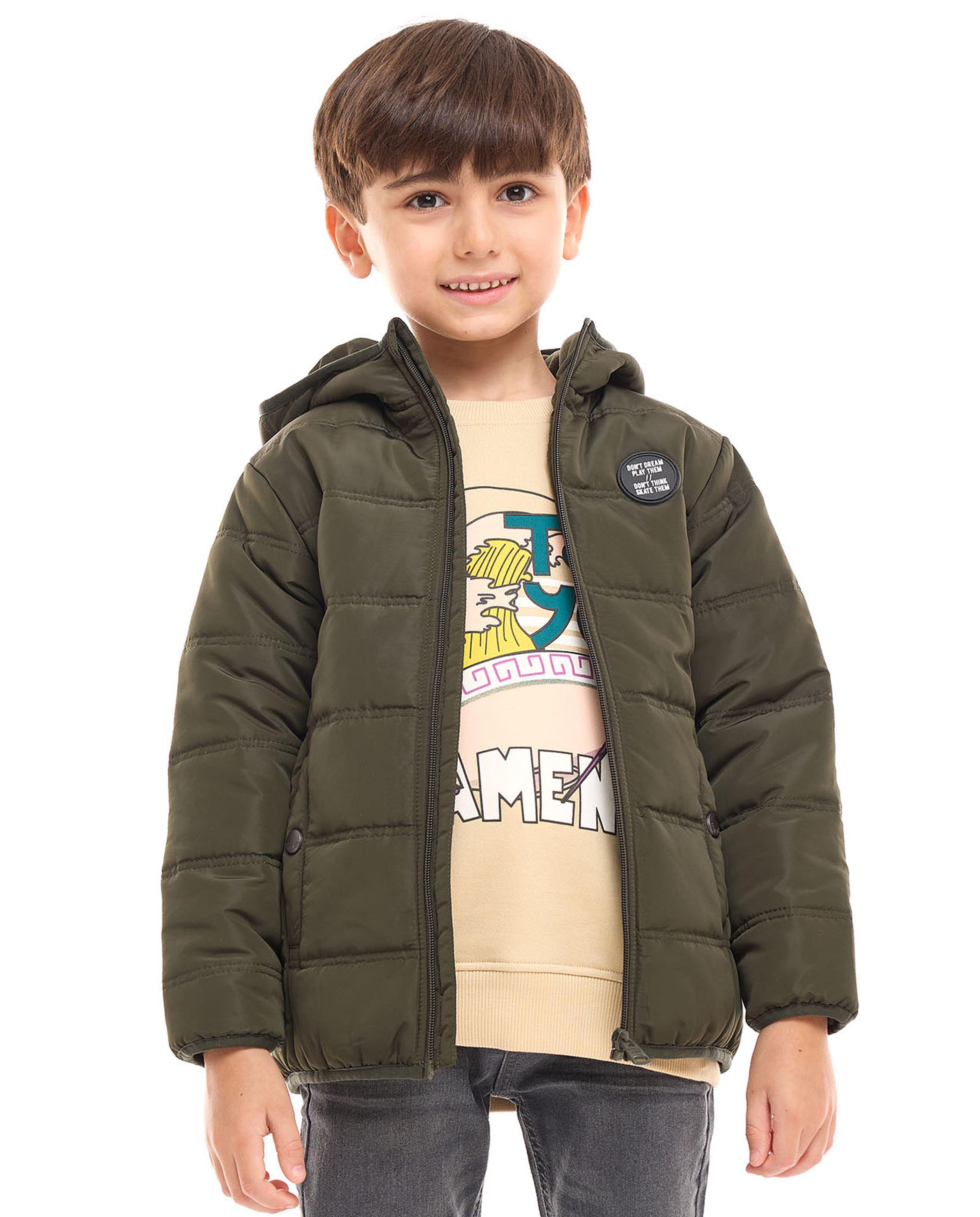 Zippered Hooded Puffer Jacket with Long Sleeves