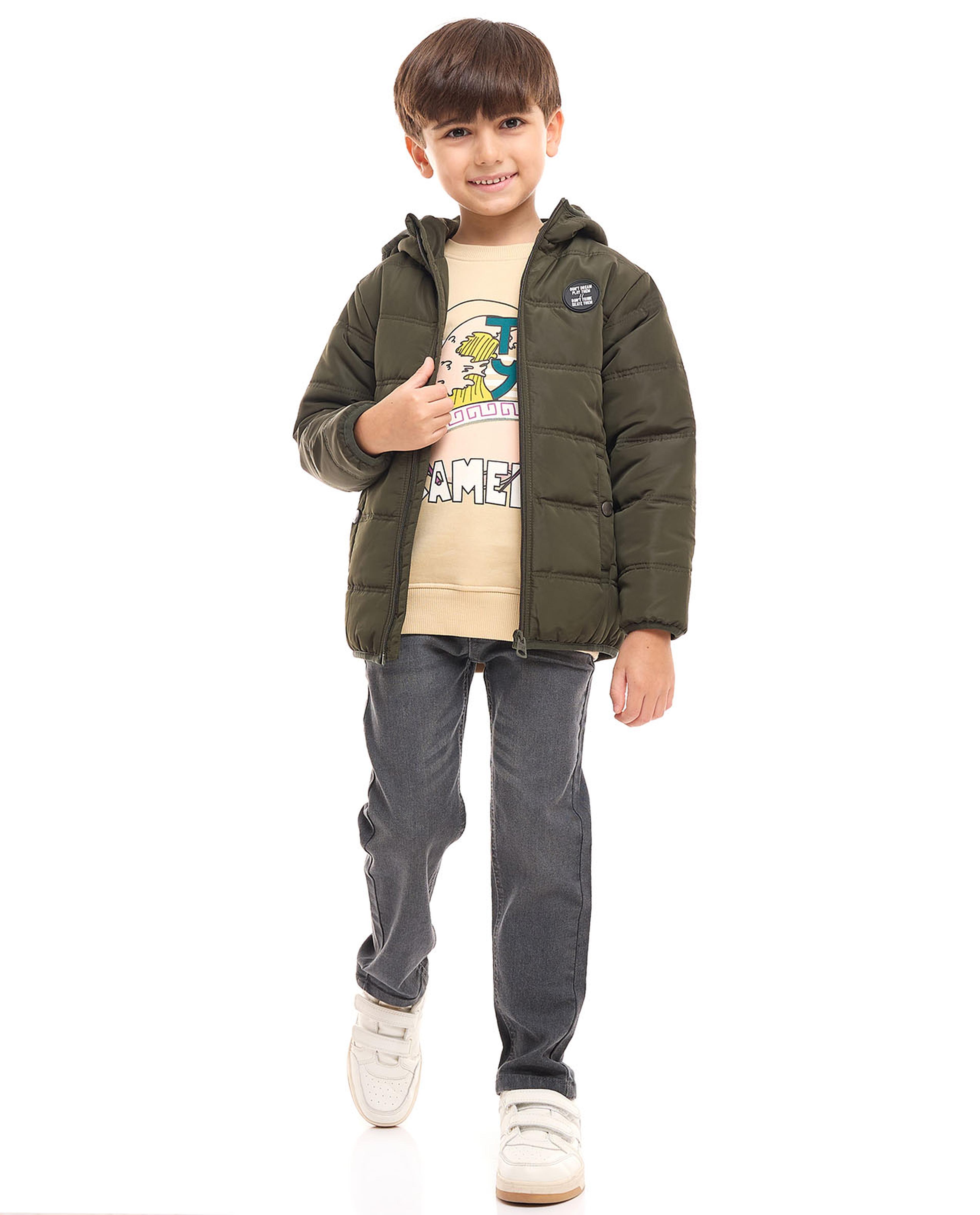 Zippered Hooded Puffer Jacket with Long Sleeves