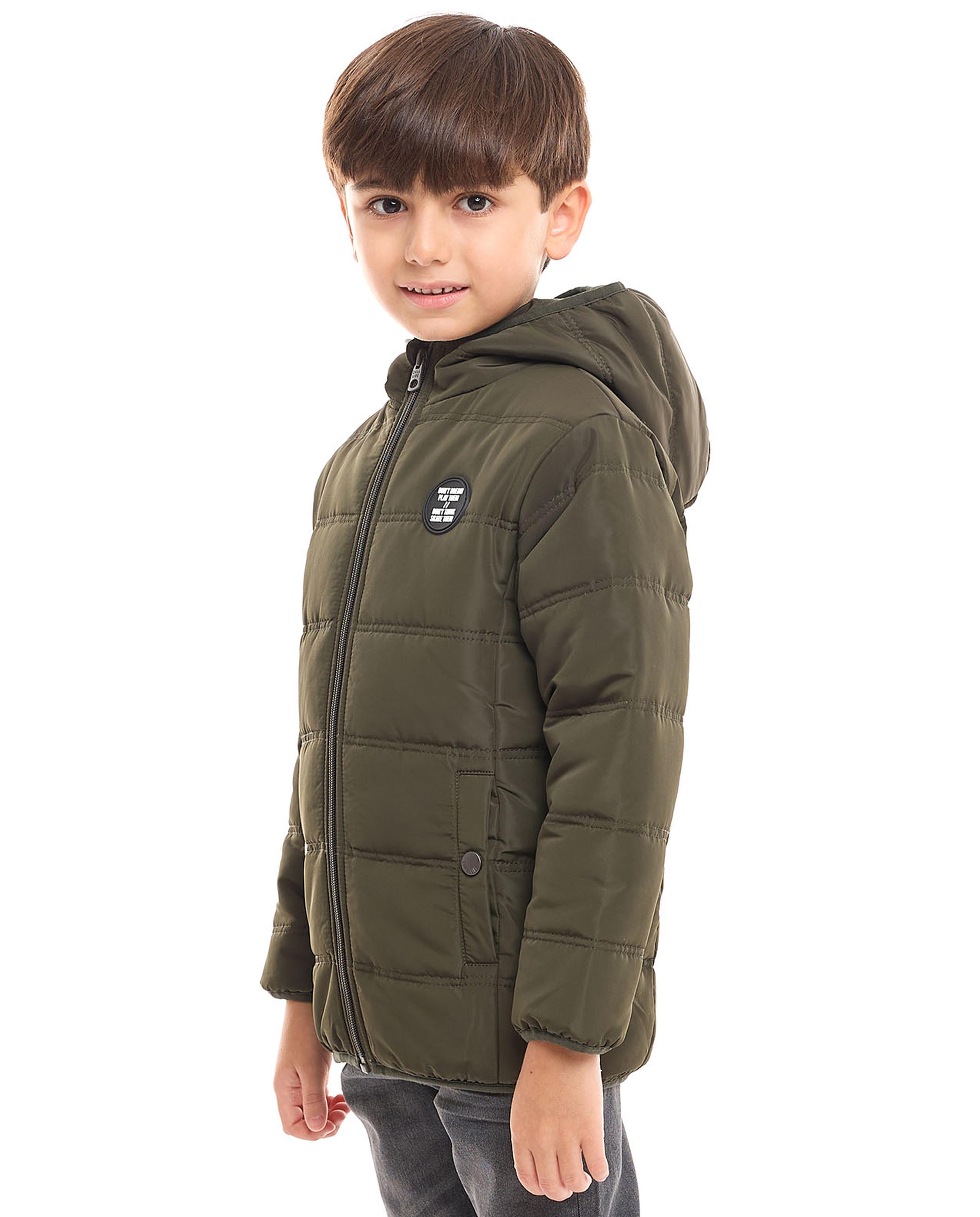 Zippered Hooded Puffer Jacket with Long Sleeves
