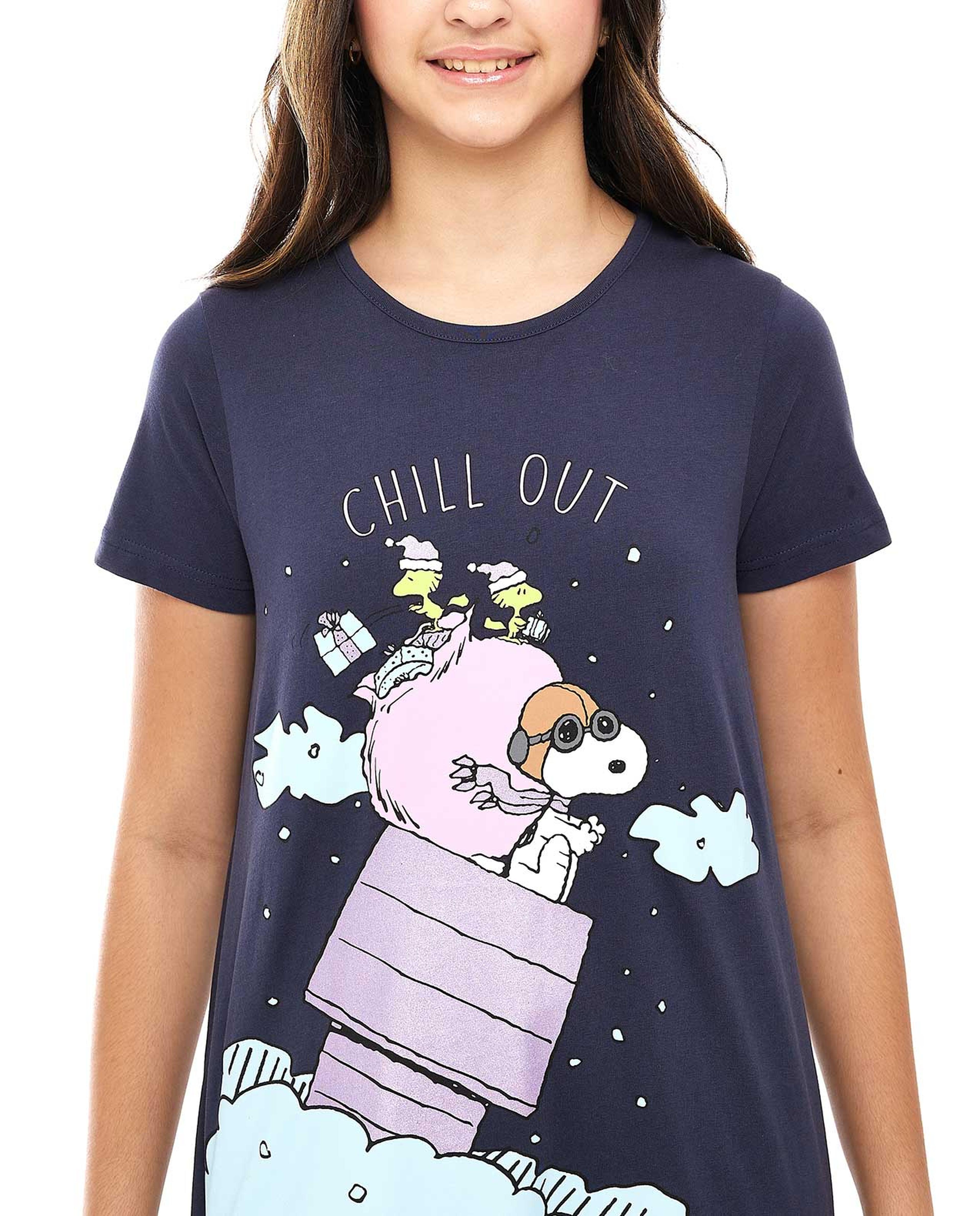 Snoopy Printed Nightdress with Crew Neck and Short Sleeves