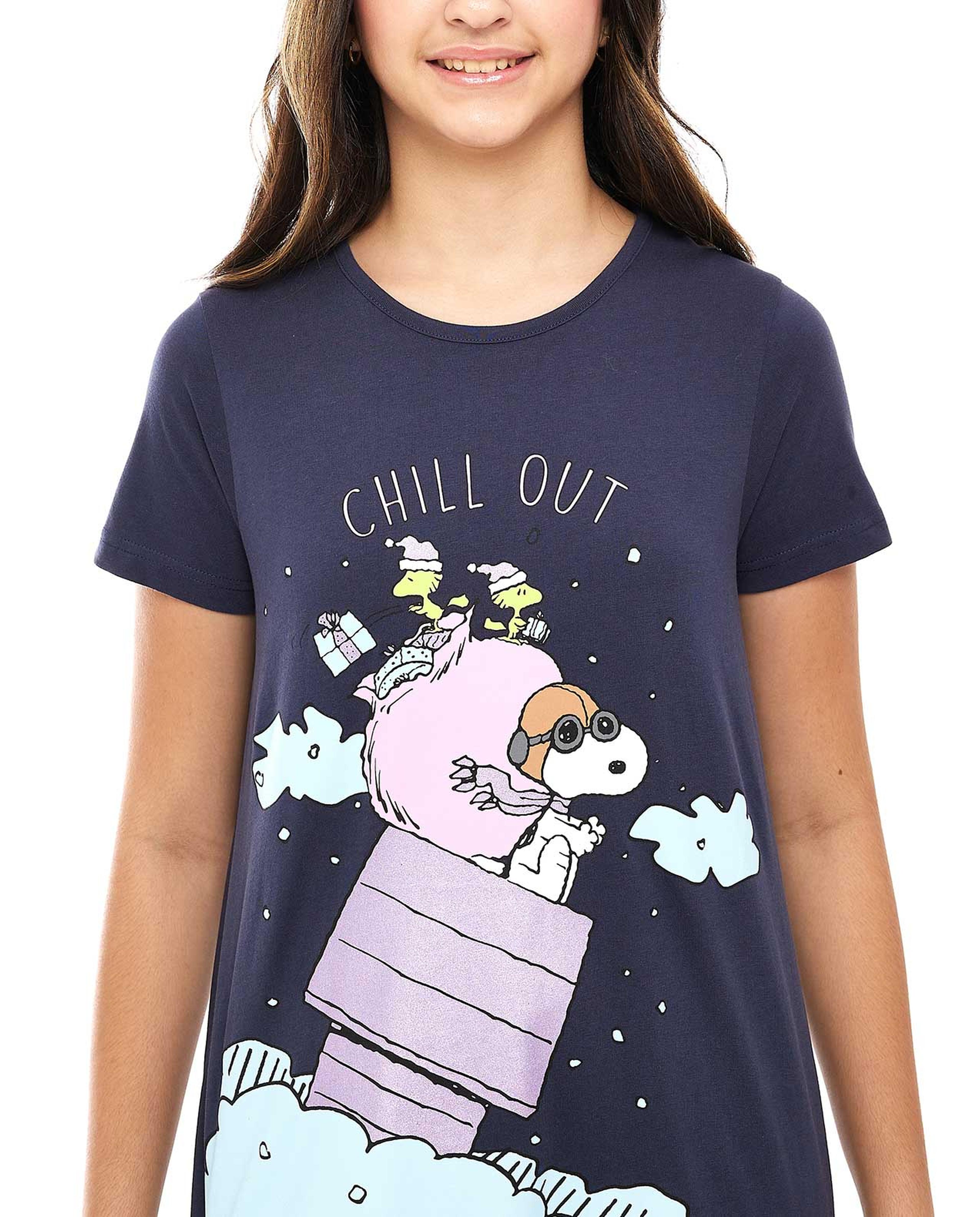 Snoopy Printed Nightdress with Crew Neck and Short Sleeves