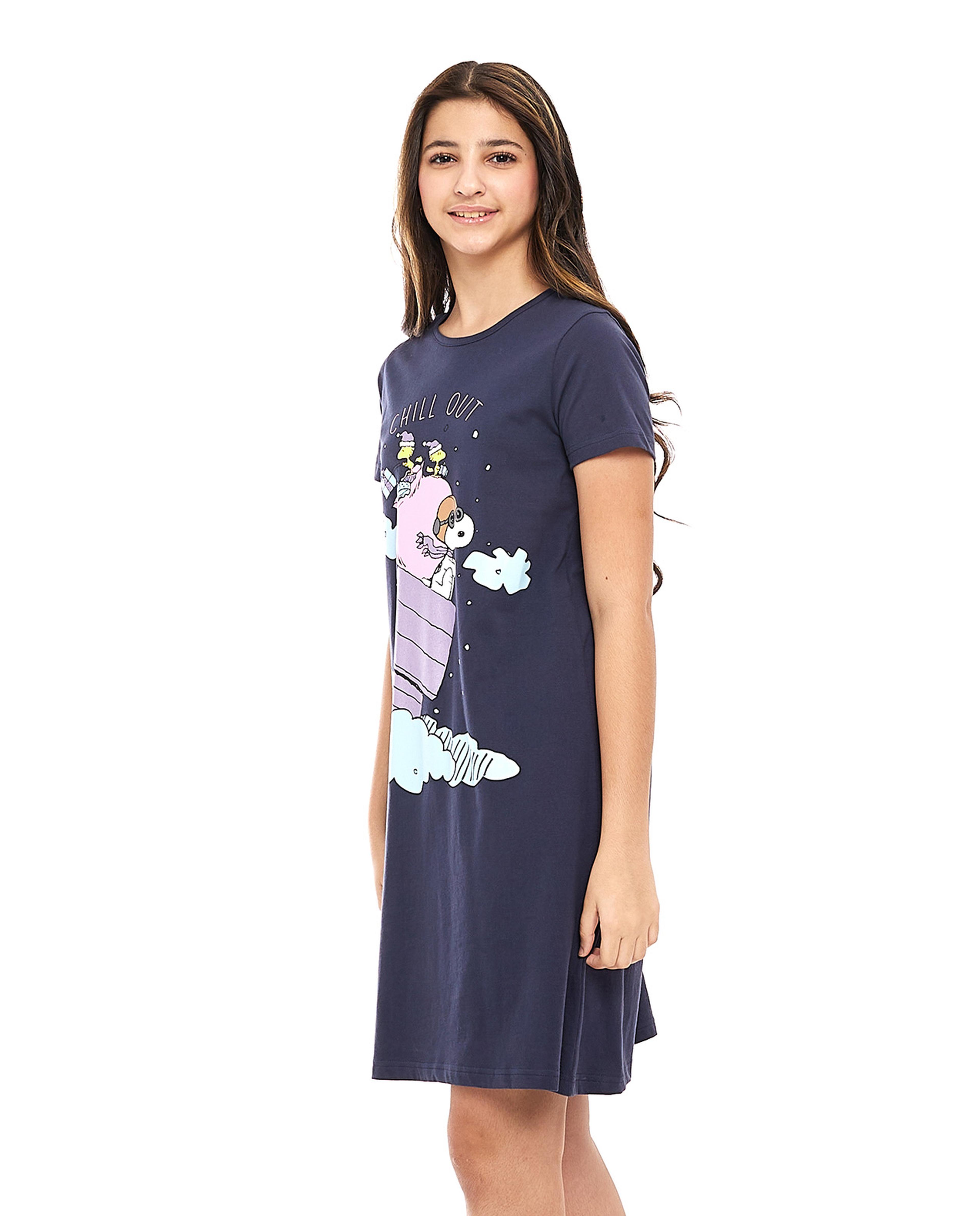 Snoopy Printed Nightdress with Crew Neck and Short Sleeves