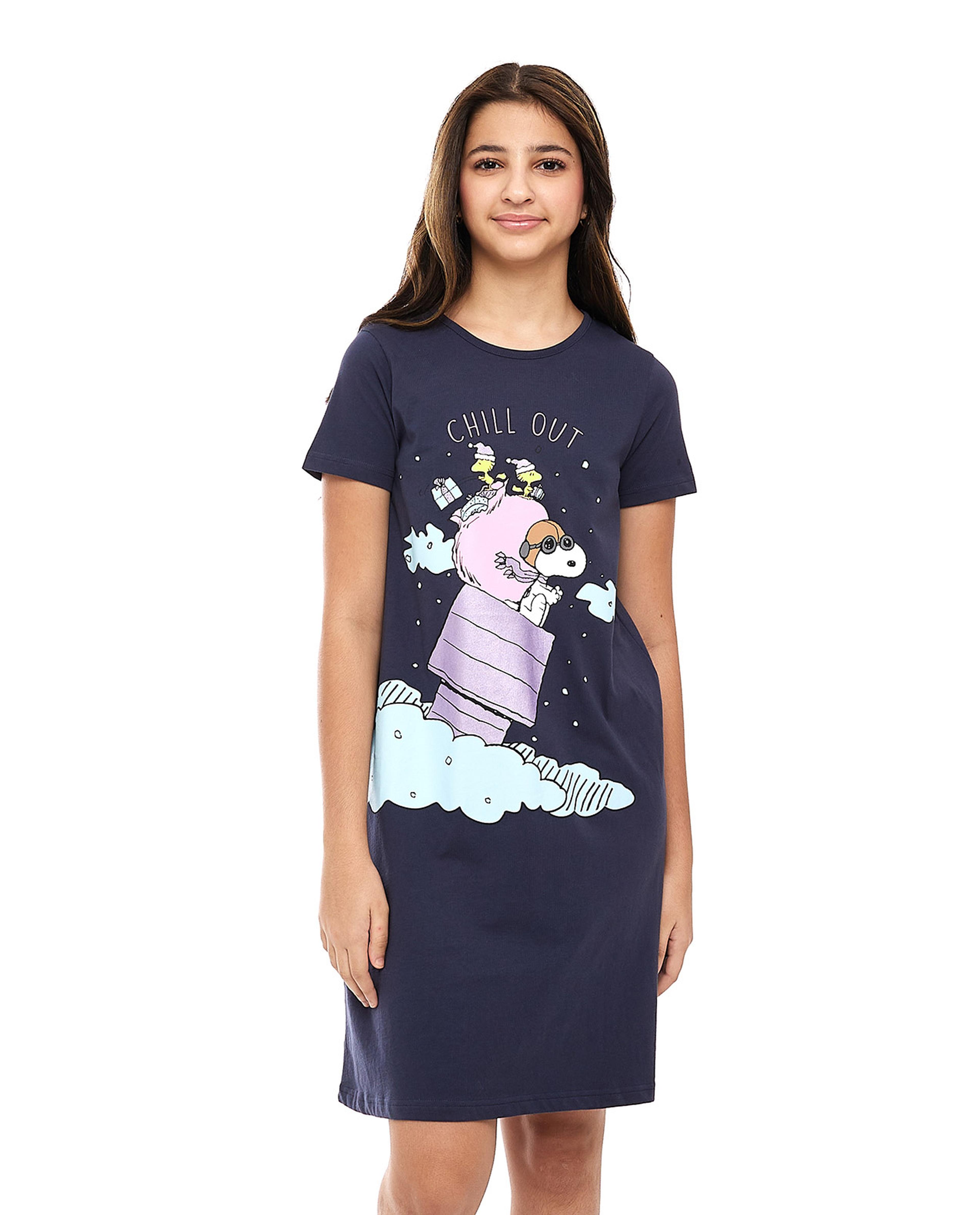 Snoopy Printed Nightdress with Crew Neck and Short Sleeves