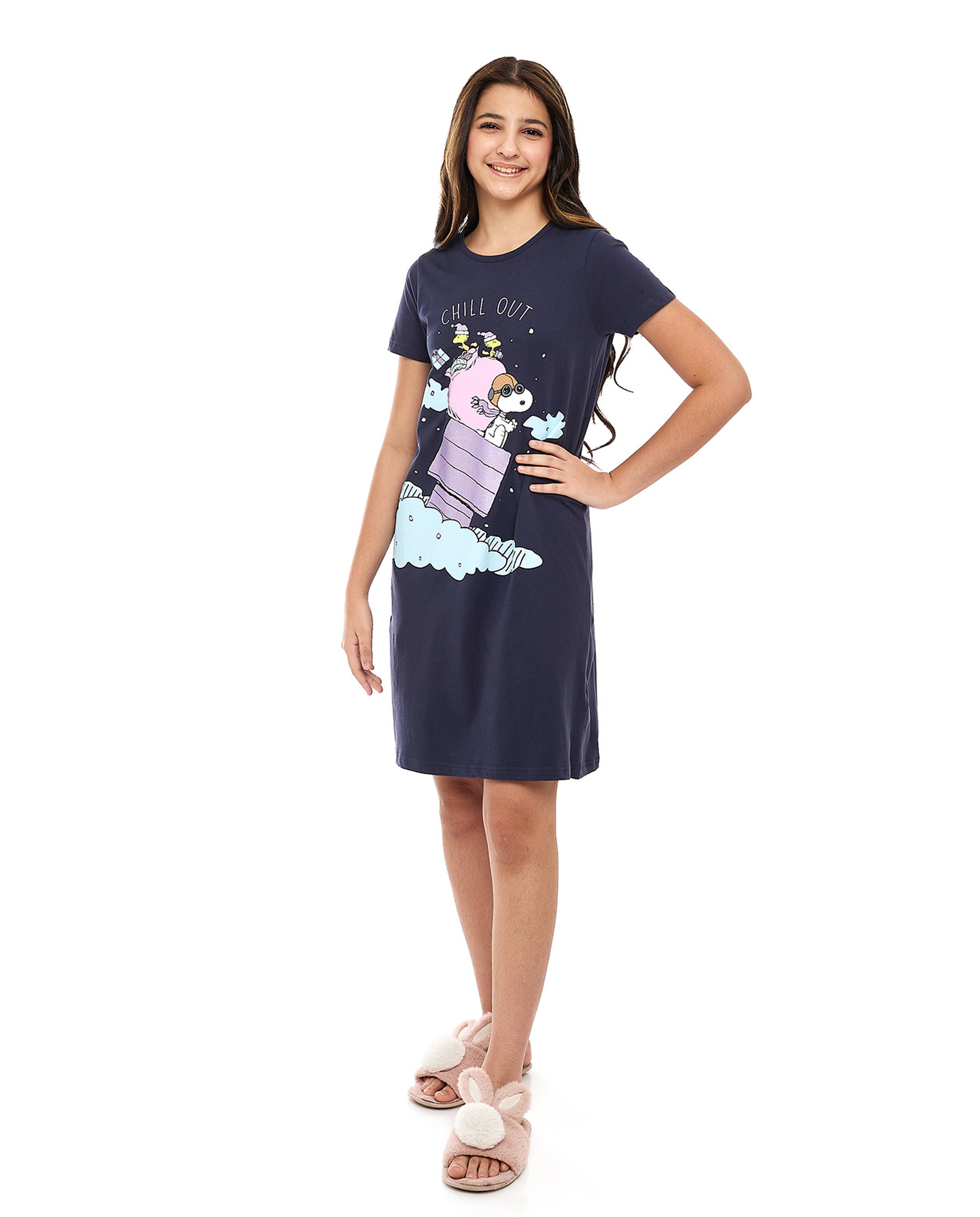Snoopy Printed Nightdress with Crew Neck and Short Sleeves