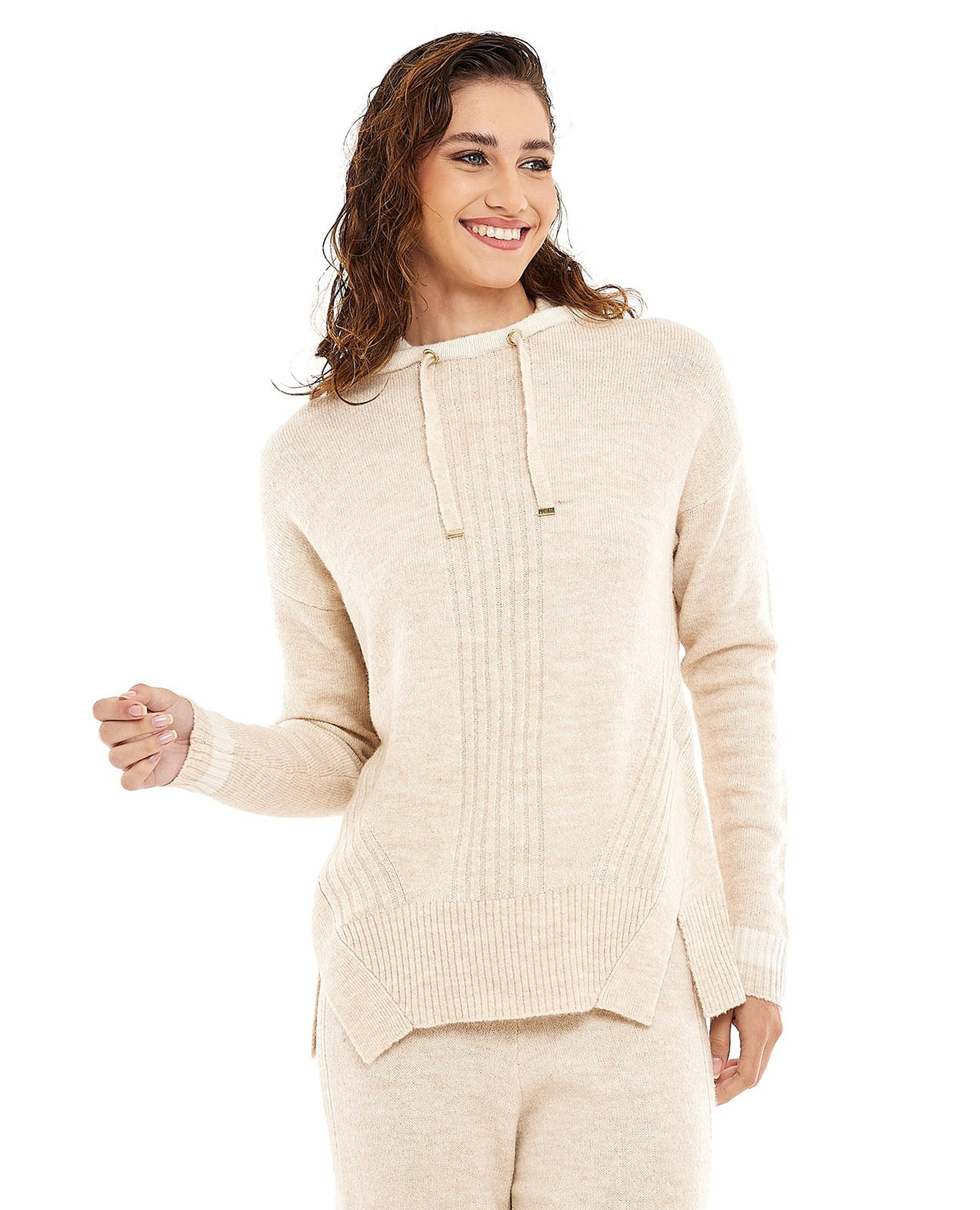 Knitted Hooded Sweater with Long Sleeves