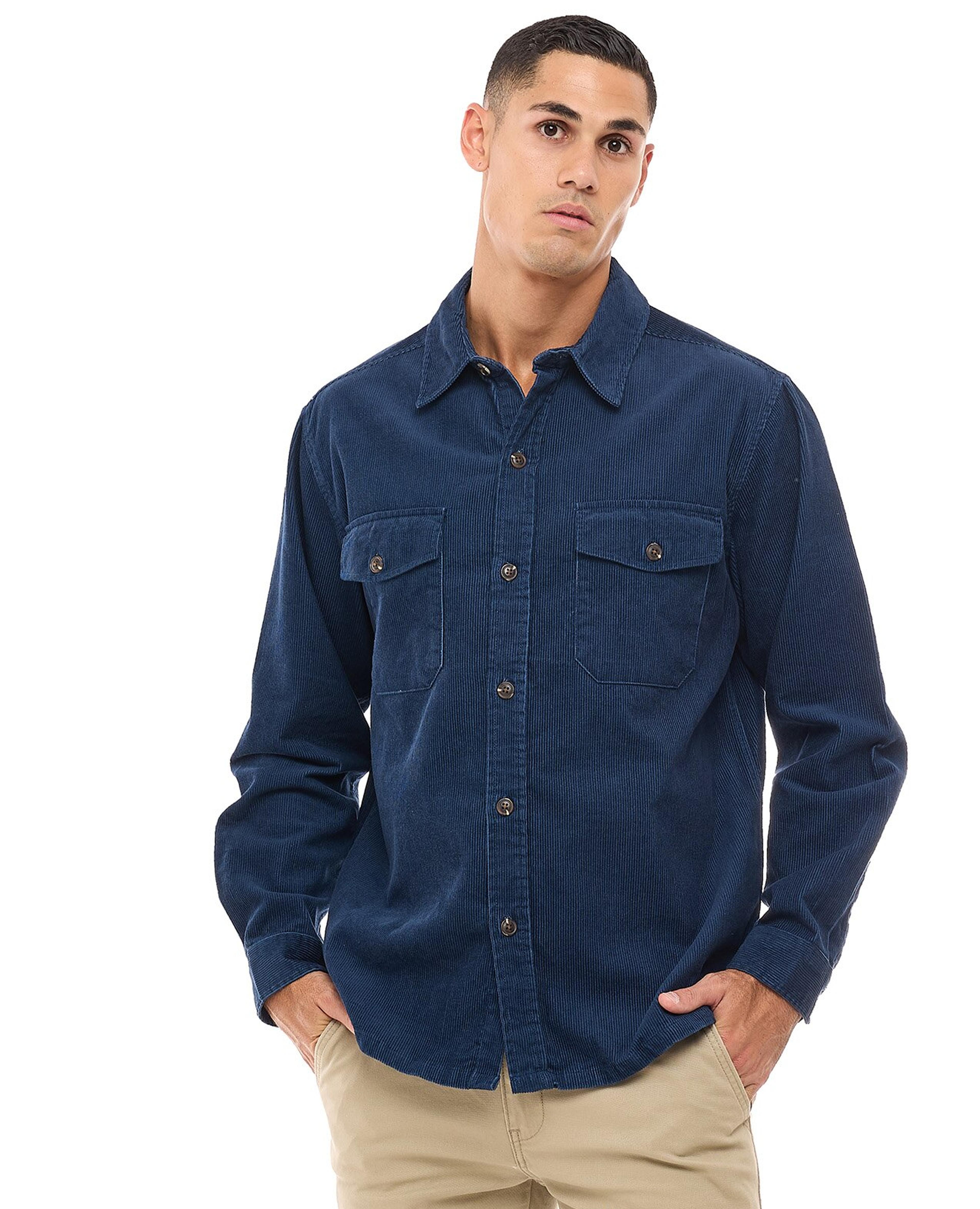 Corduroy Shirt with Classic Collar and Long Sleeves