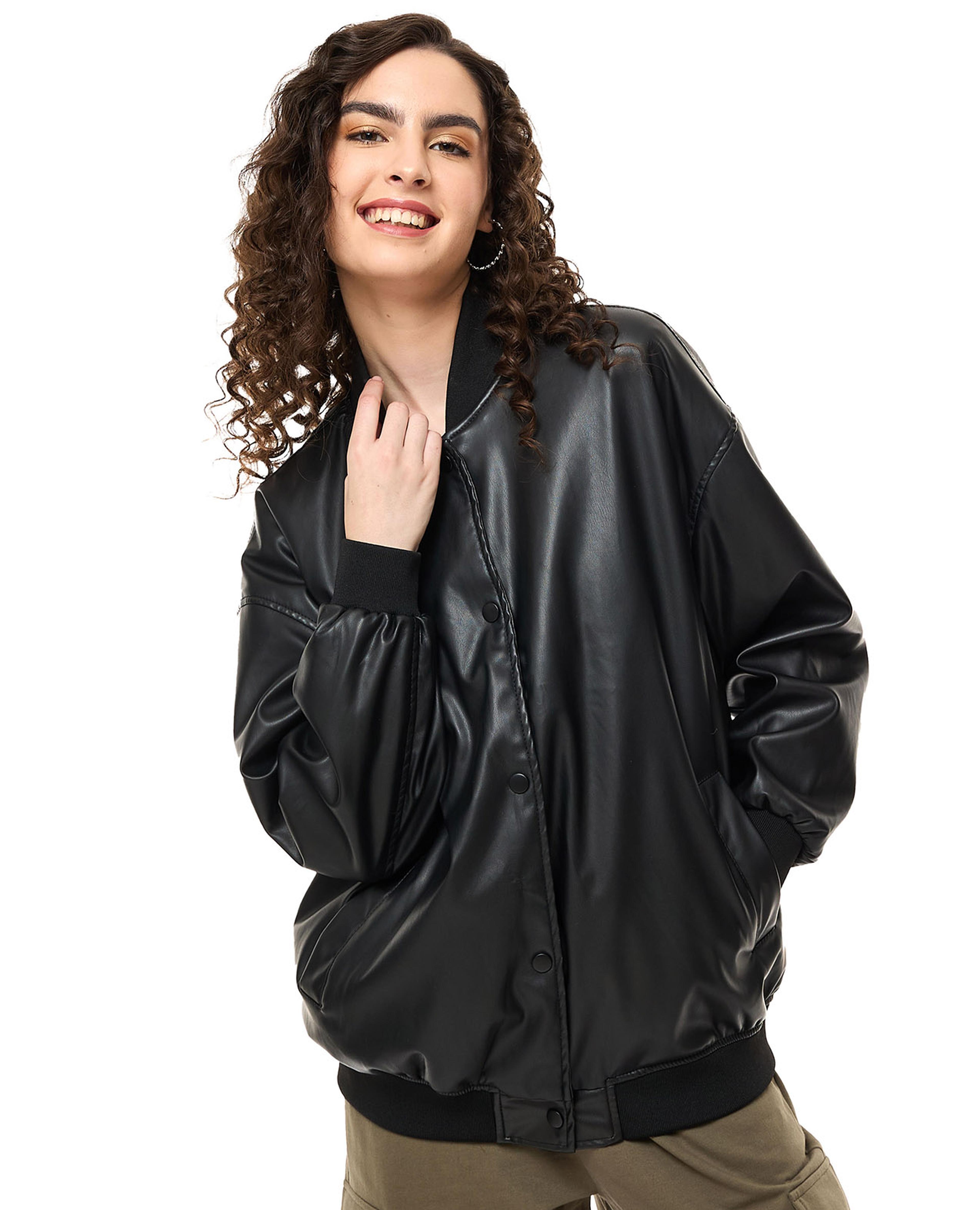 PU Bomber Jacket with Zipper Closure