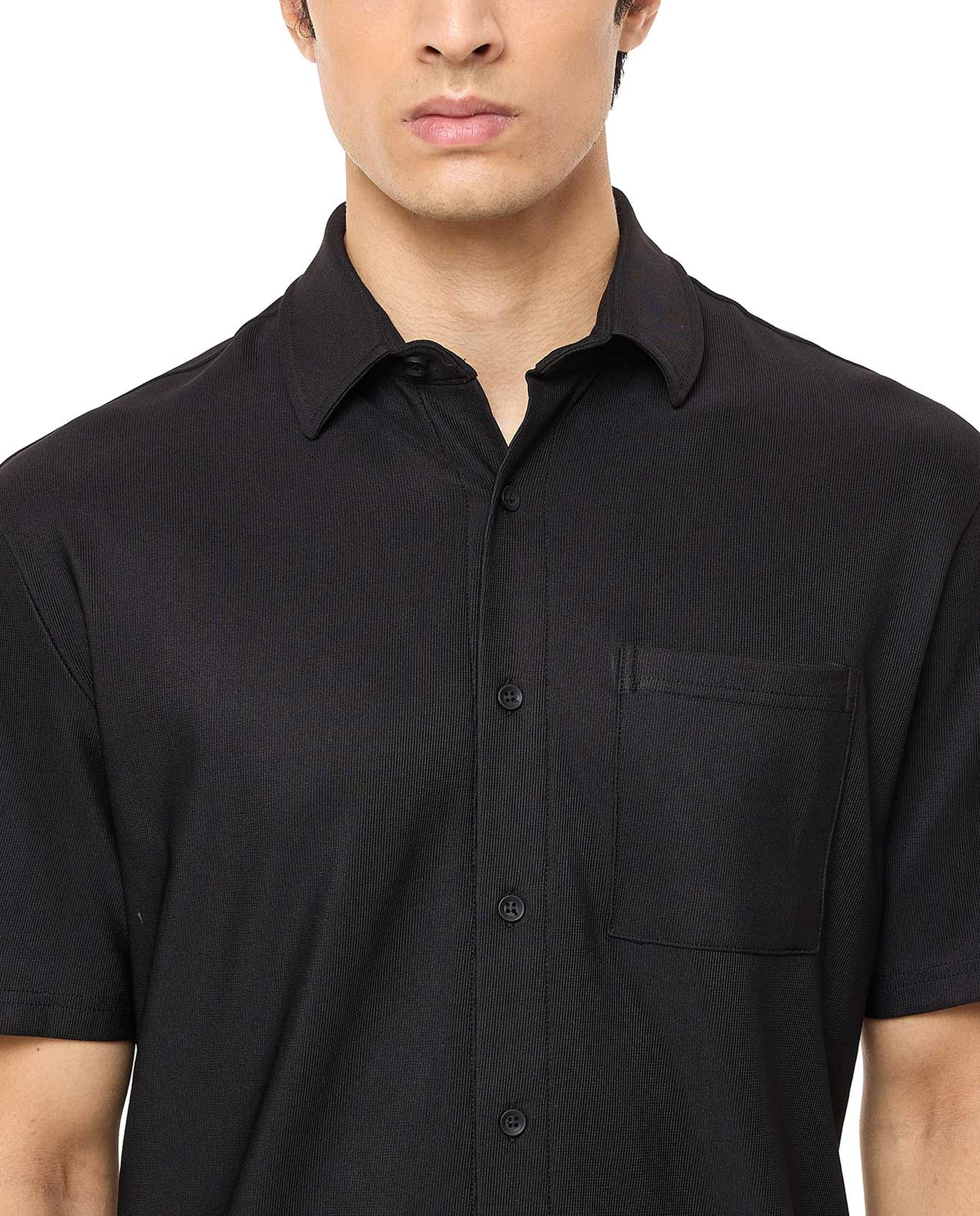 Solid Shirt with Spread Collar and Short Sleeves