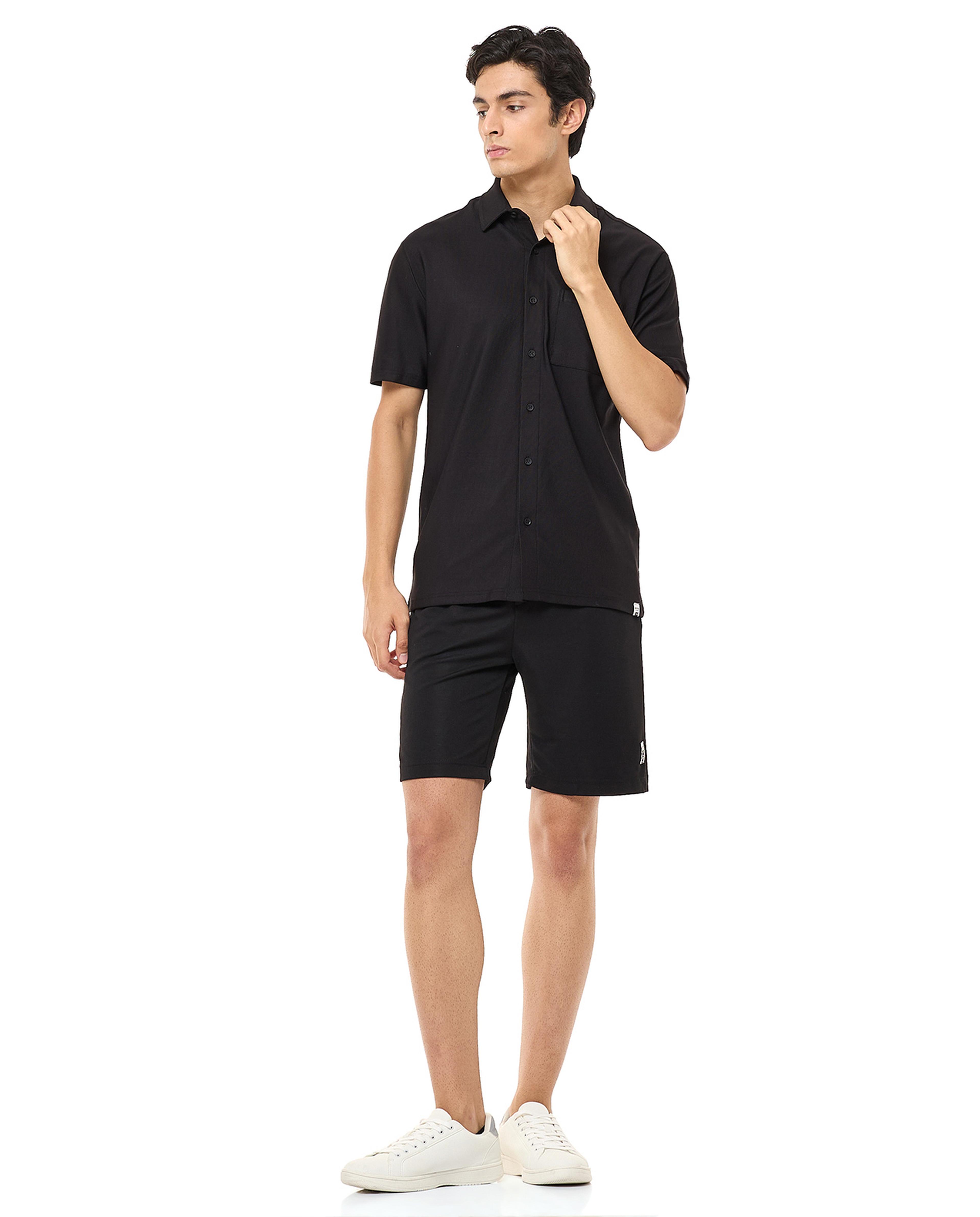 Solid Shirt with Spread Collar and Short Sleeves