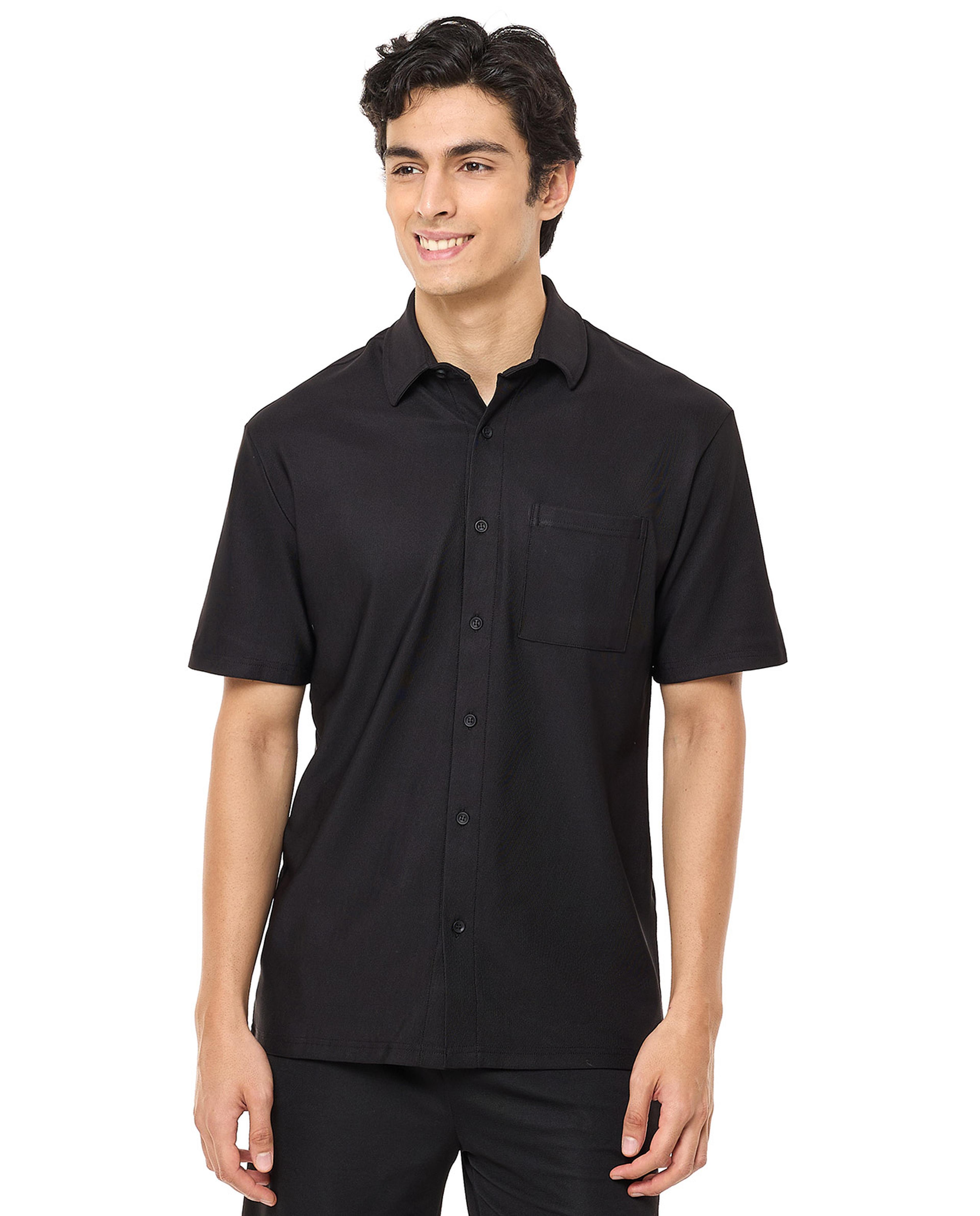 Solid Shirt with Spread Collar and Short Sleeves