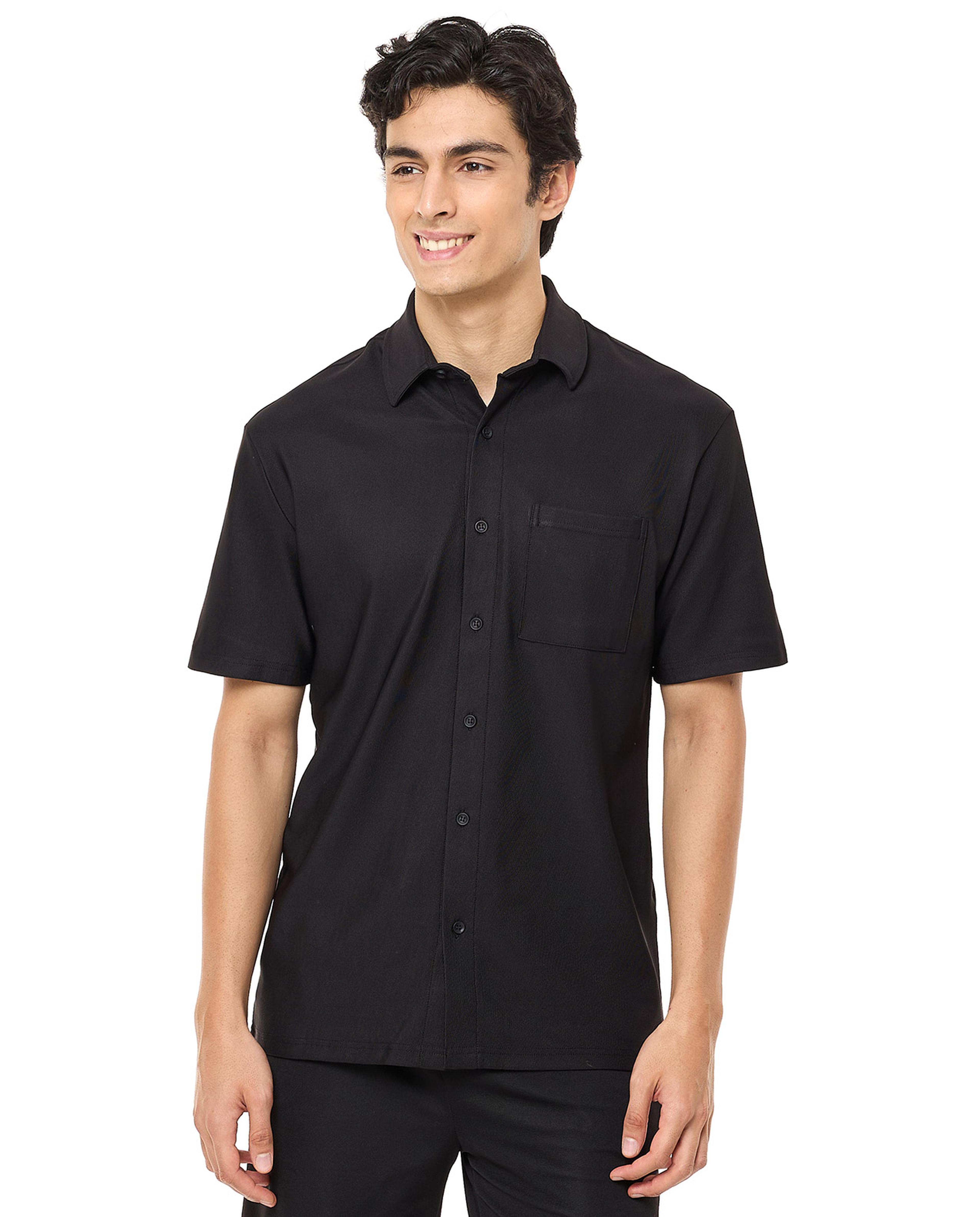 Solid Shirt with Spread Collar and Short Sleeves
