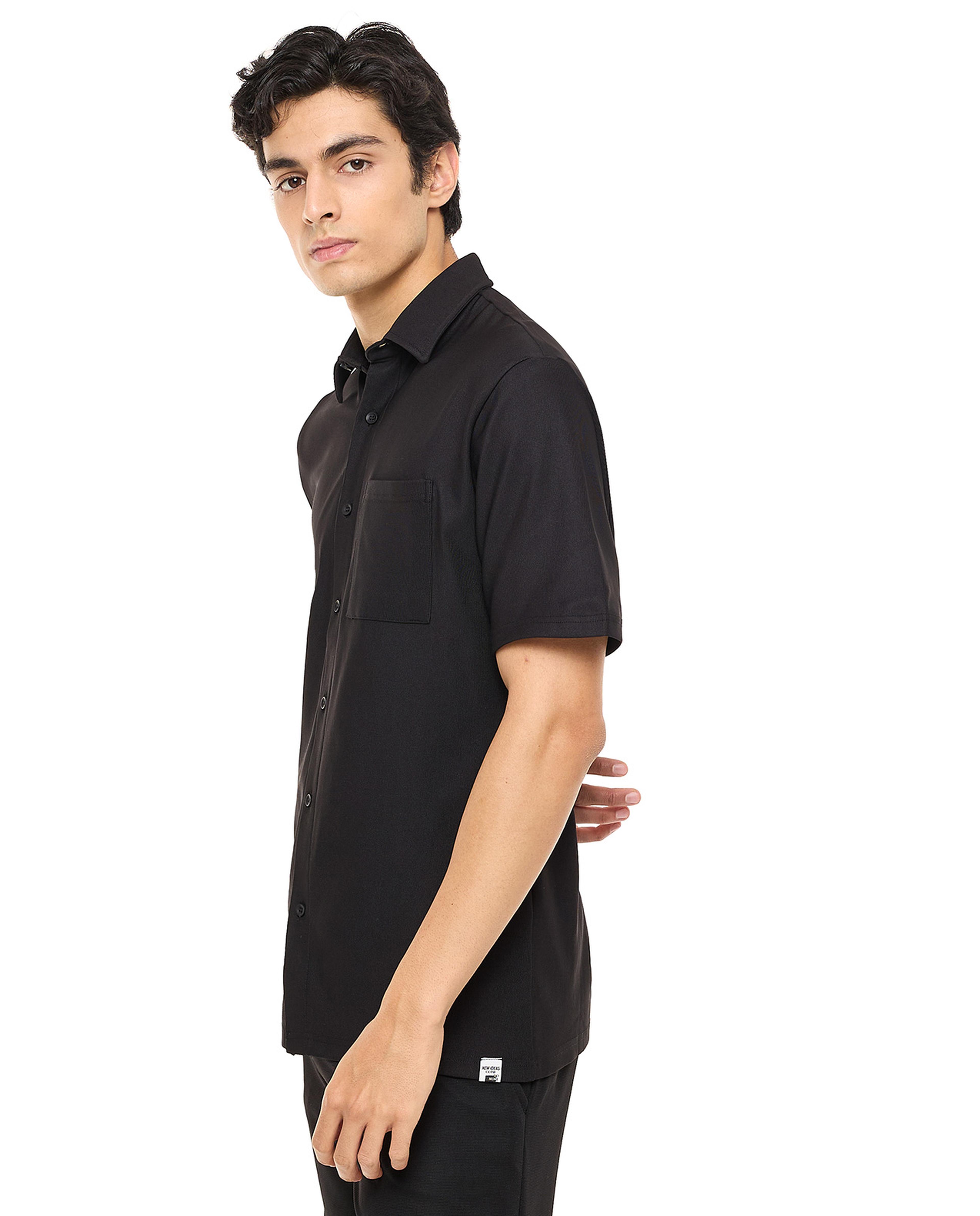 Solid Shirt with Spread Collar and Short Sleeves