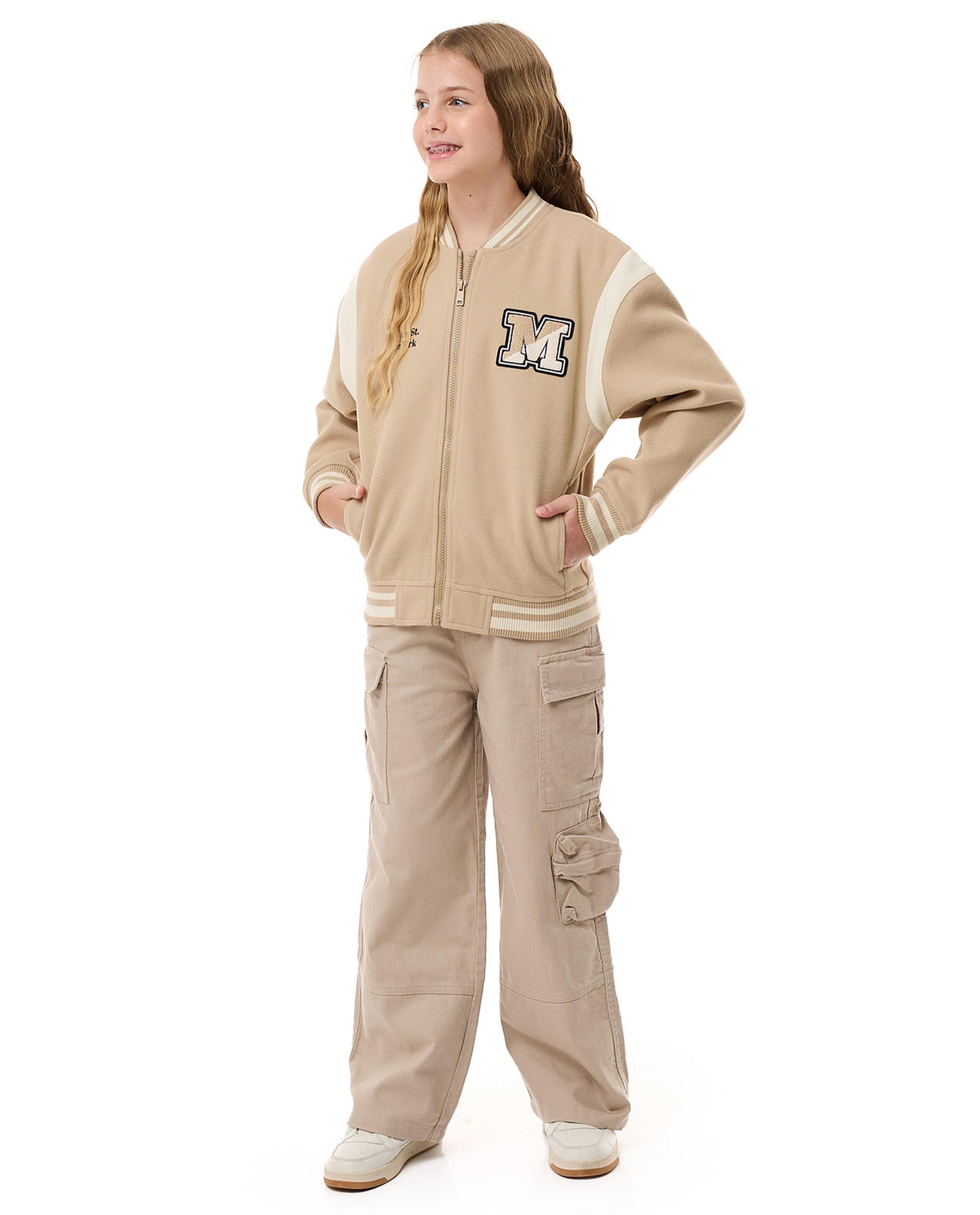 Letter Applique Bomber Jacket with Zipper Closure