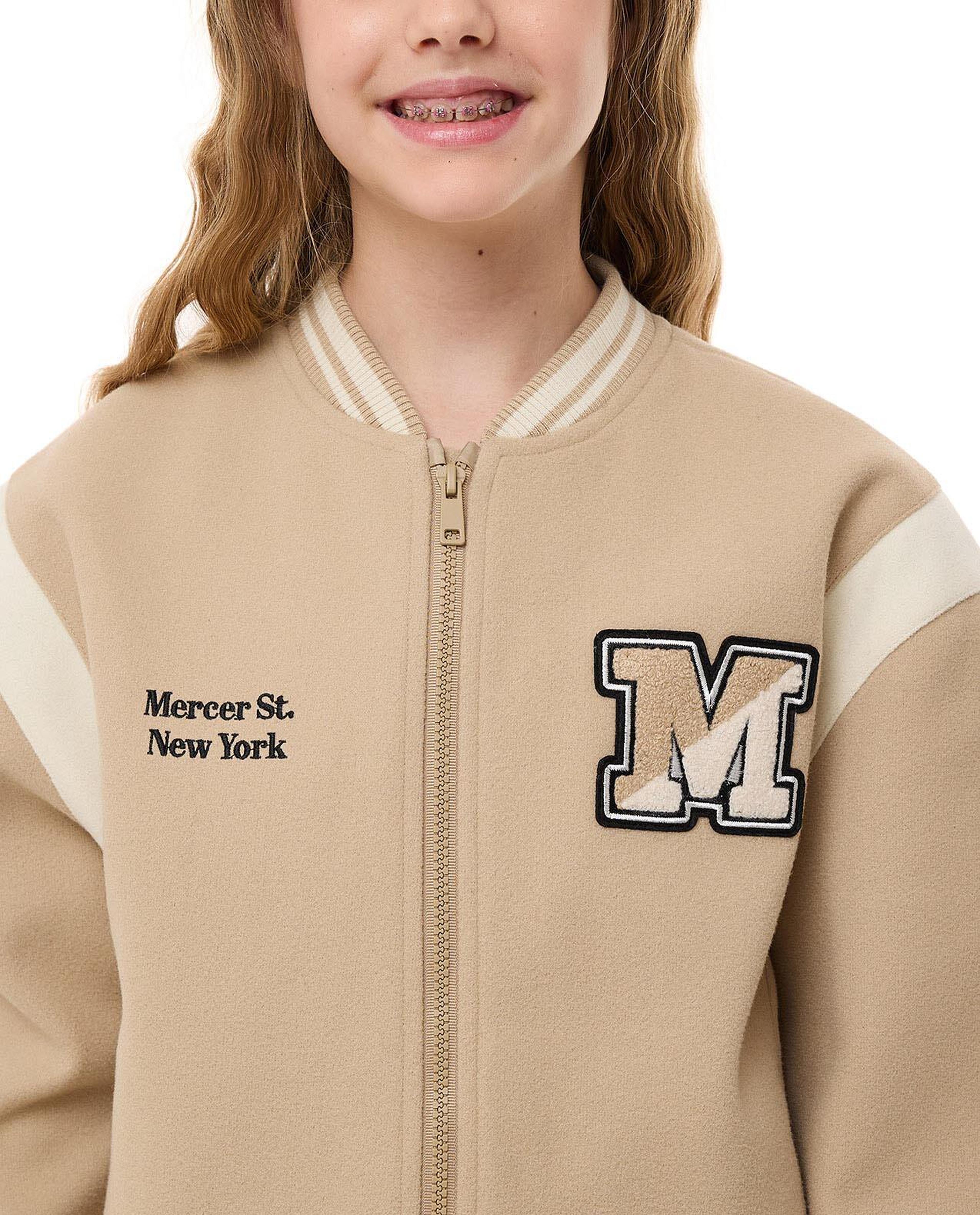 Letter Applique Bomber Jacket with Zipper Closure