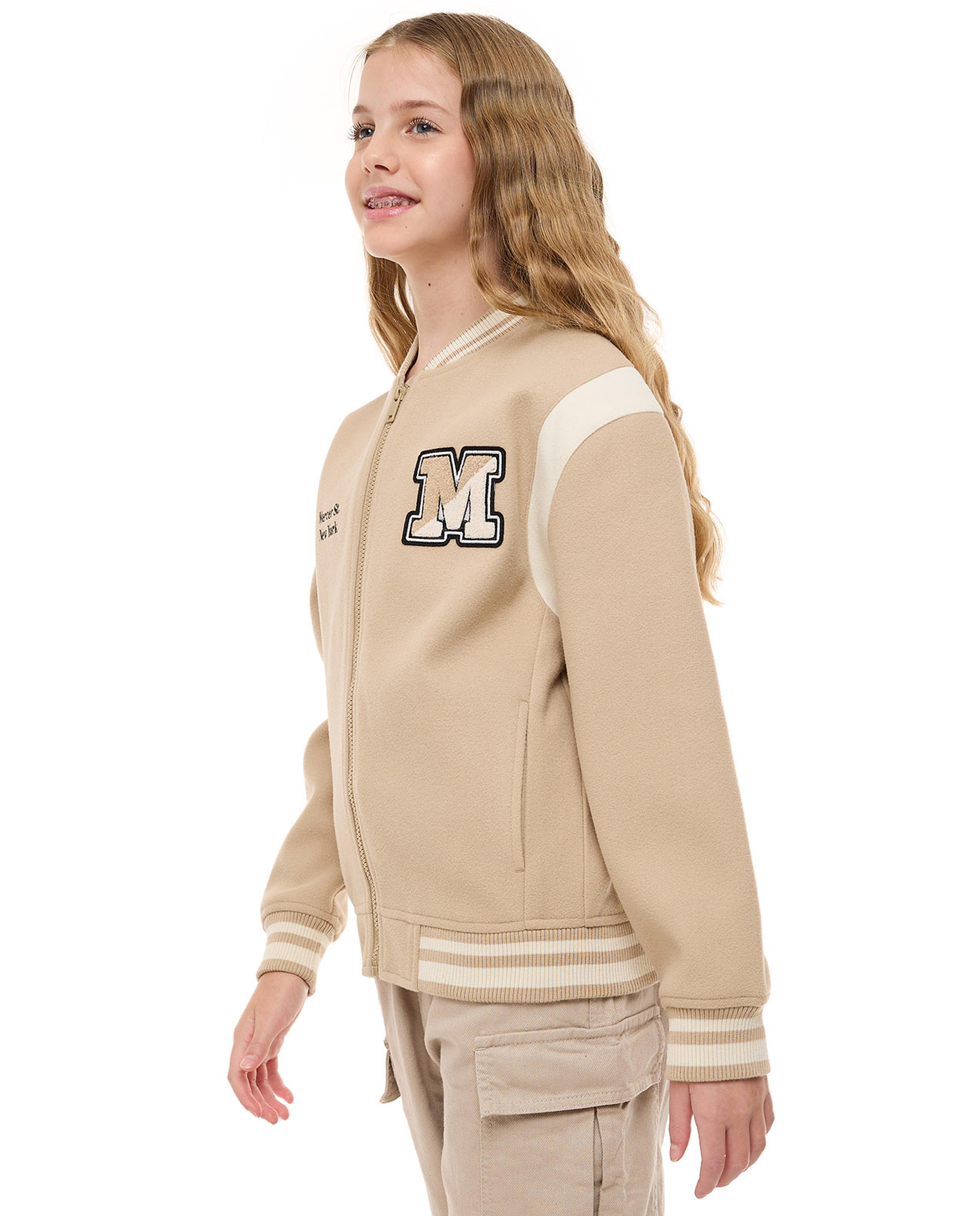 Letter Applique Bomber Jacket with Zipper Closure