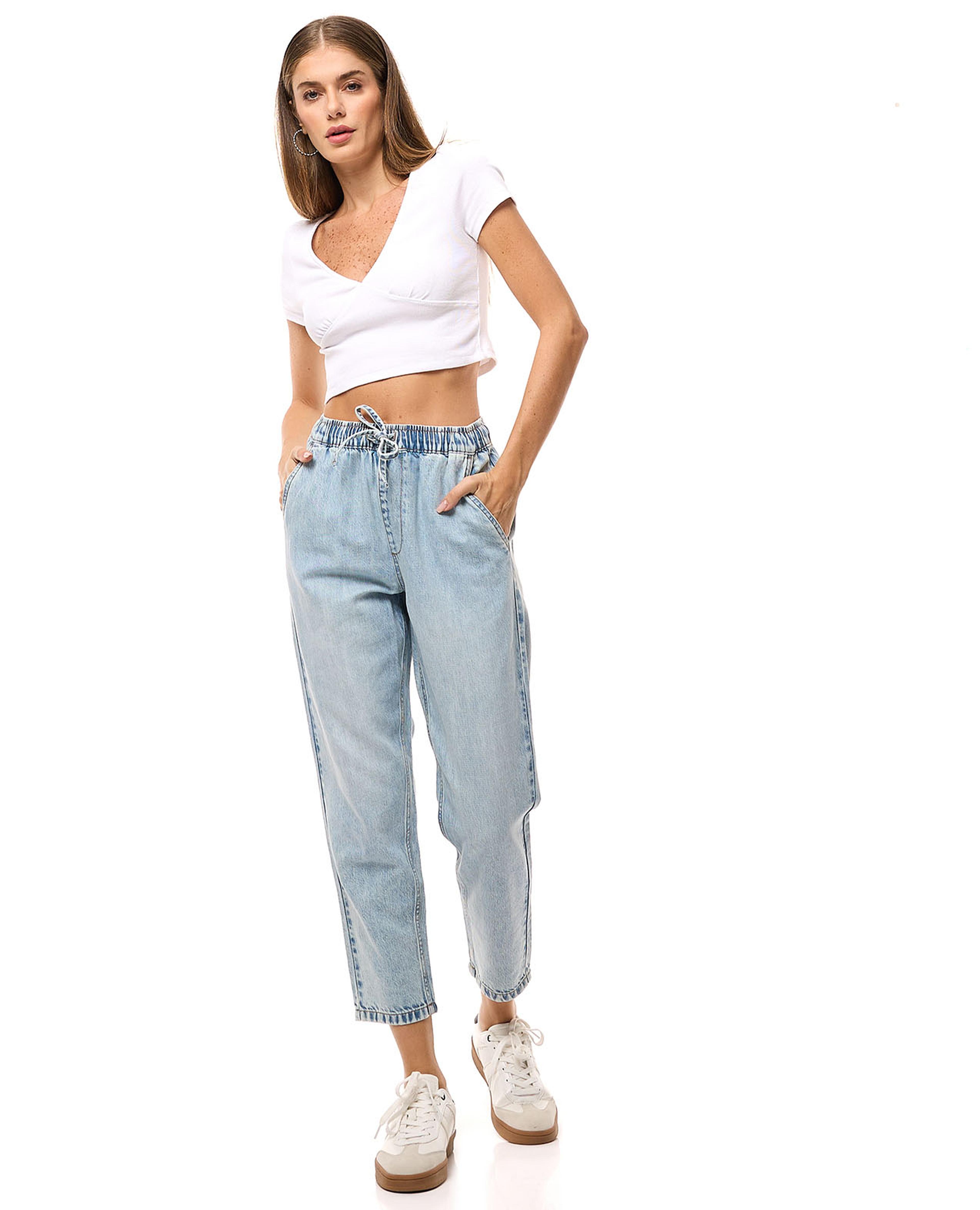 Washed Mom Fit Jeans with Drawstring Waist