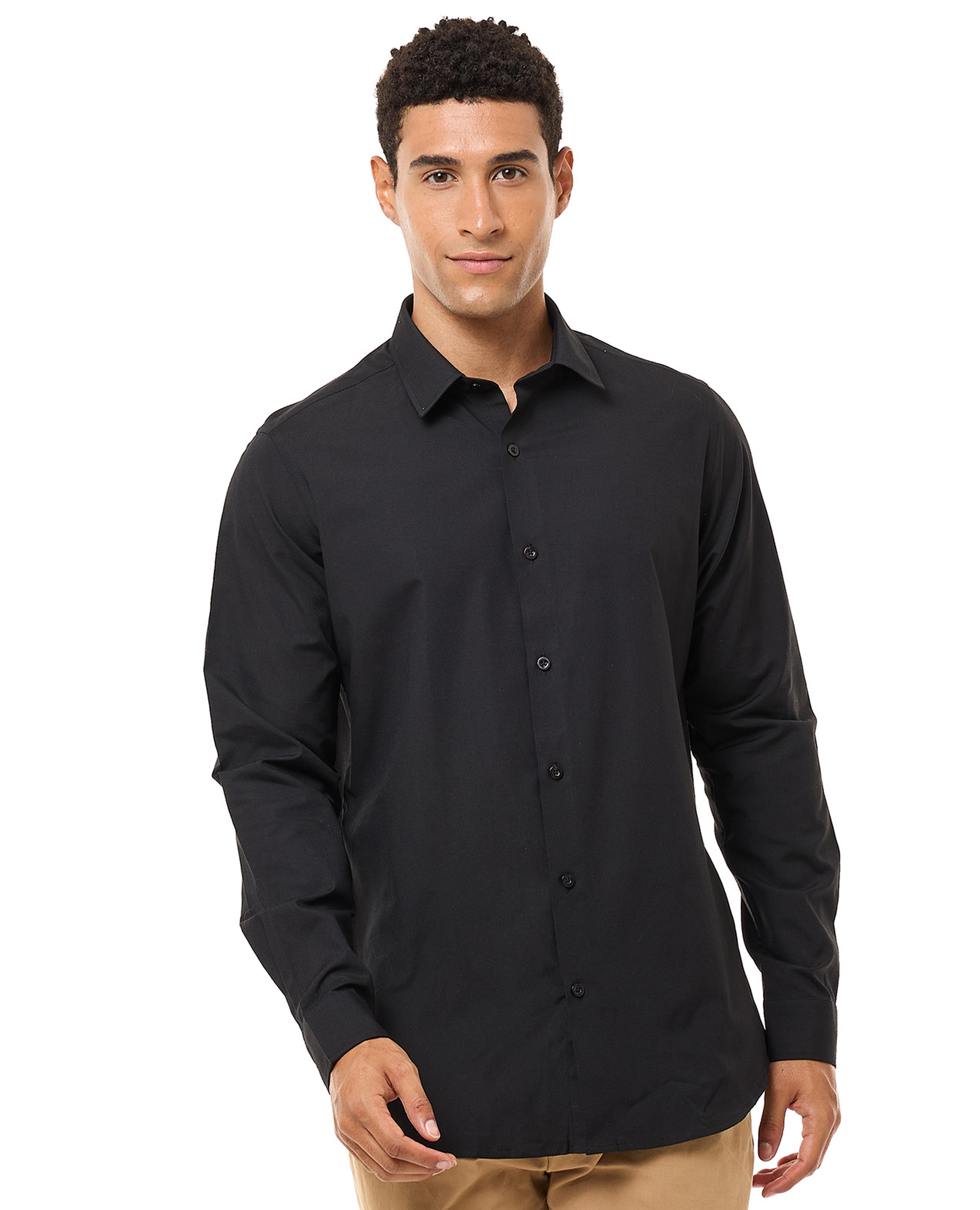 Solid Shirt with Spread Collar and Long Sleeves