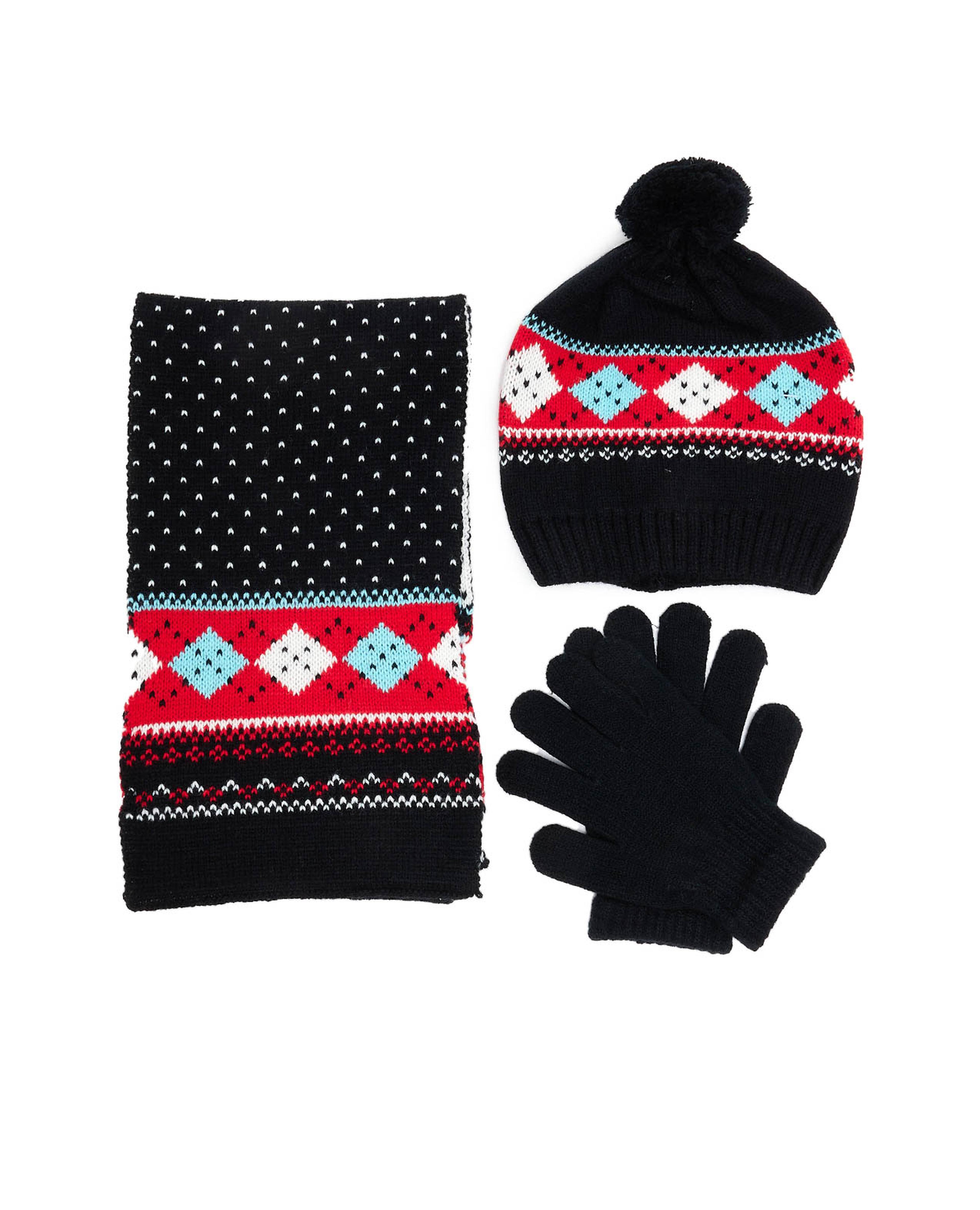 Patterned Knitted Cap, Gloves and Muffler Set