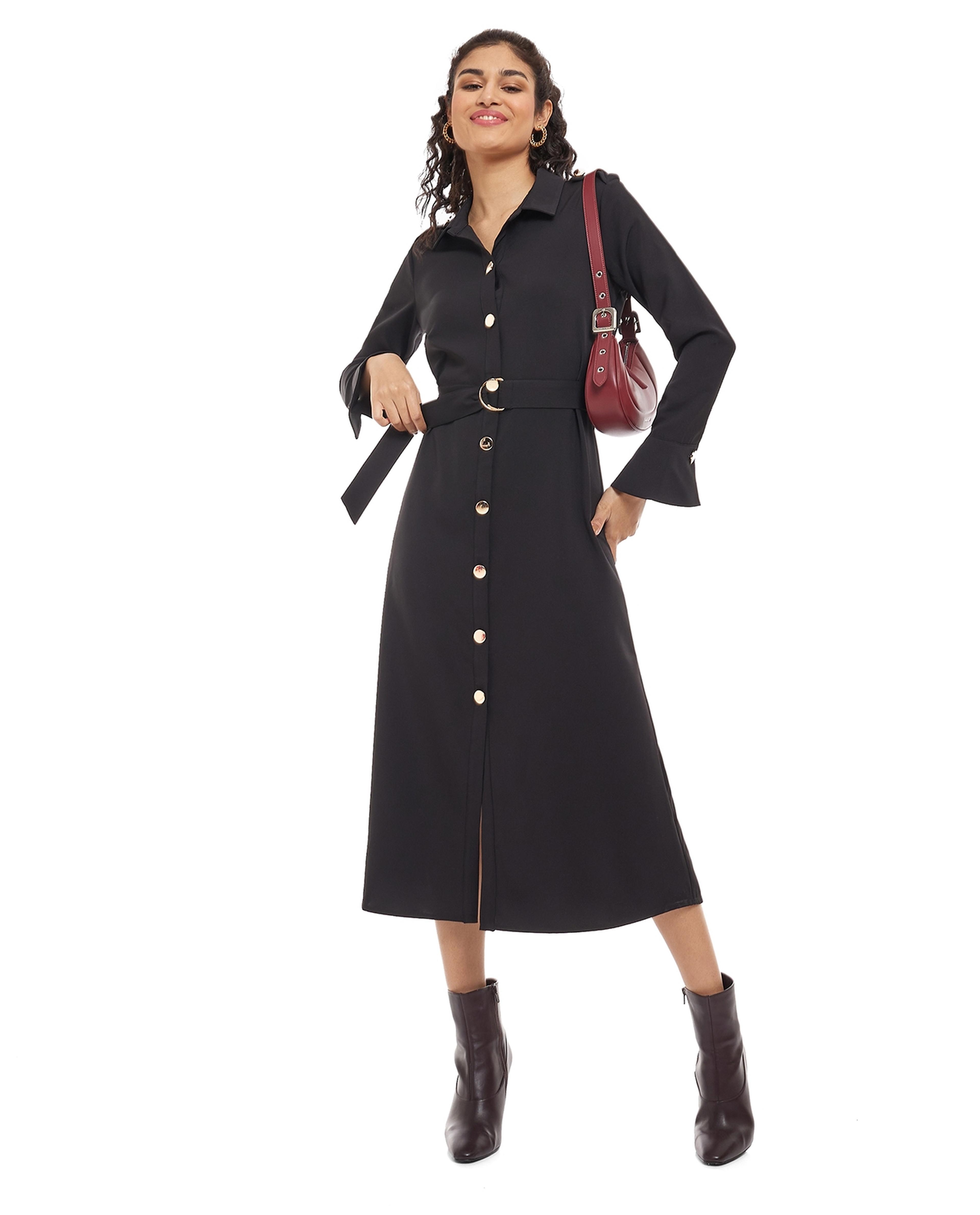 Solid Shirt Dress with Waist Belt