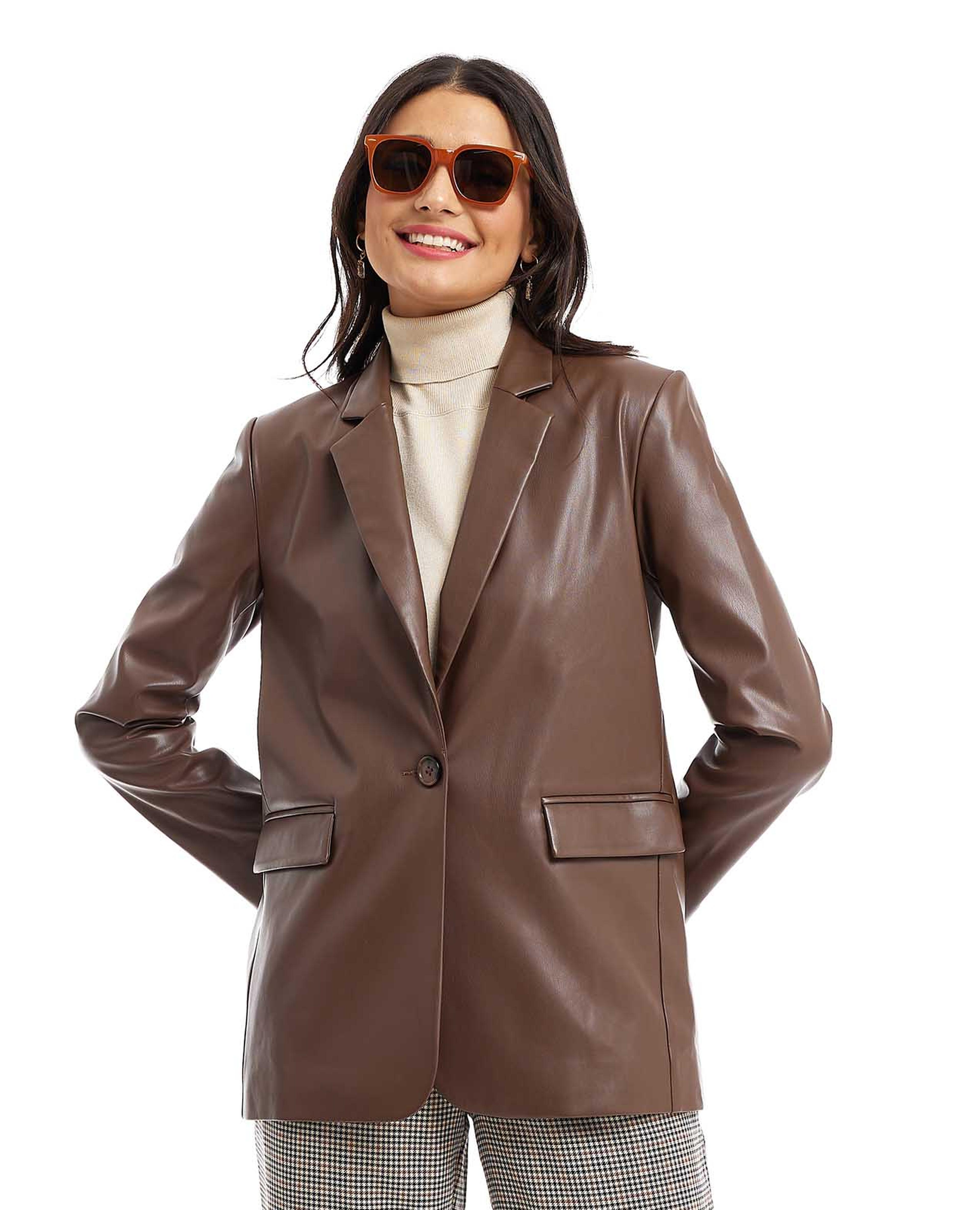 Faux Leather Single Breasted Blazer