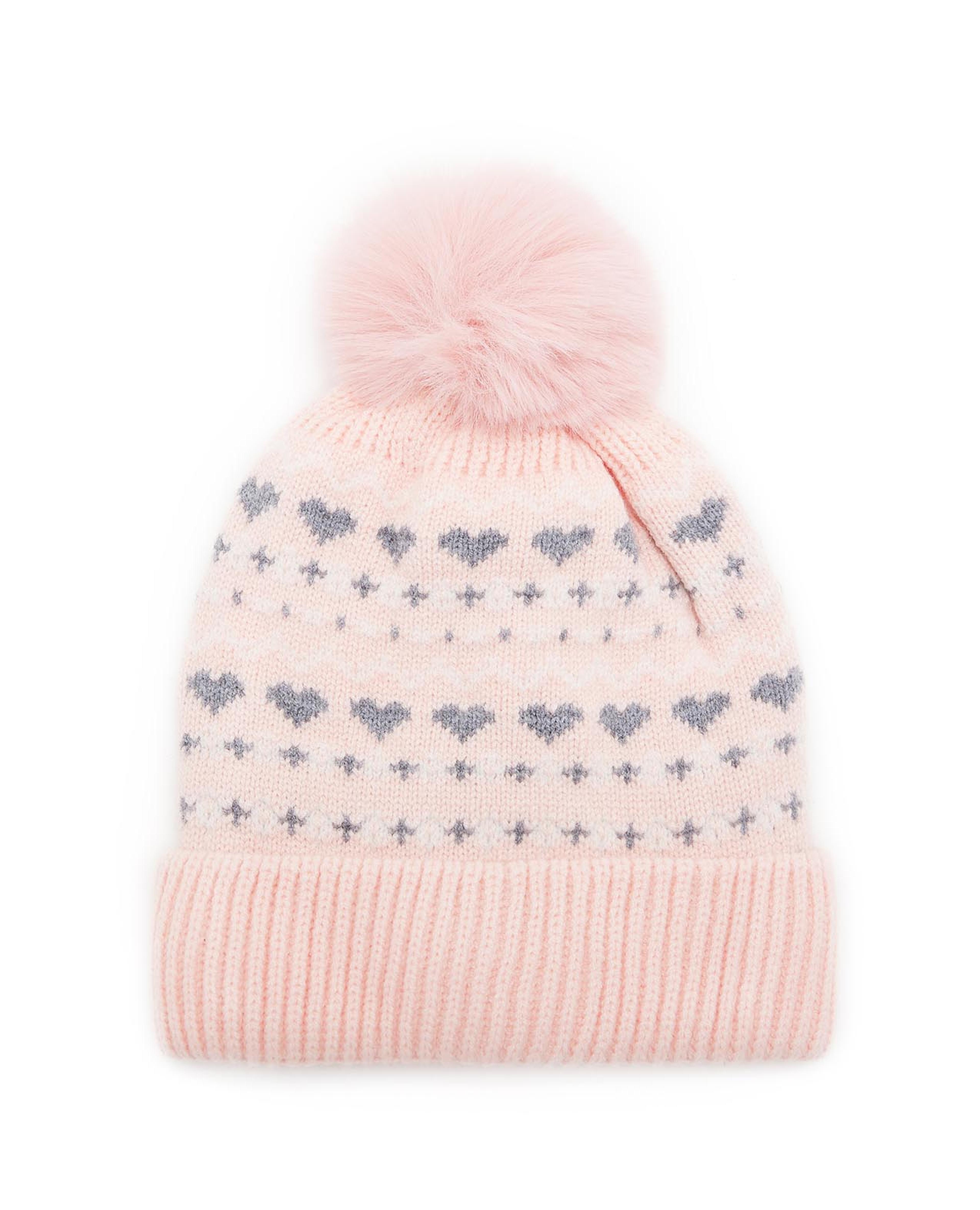 Patterned Beanie with Pom-Pom